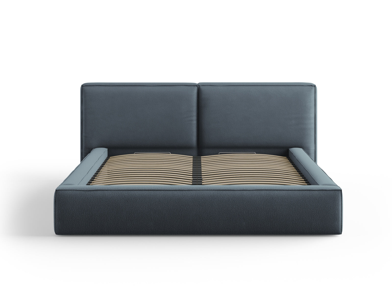 Elegantes Jodie Bett mit doppeltem Headboard und praktischer Stauraumfunktion in stilvollem Blau, ideal für moderne Schlafzimmer.