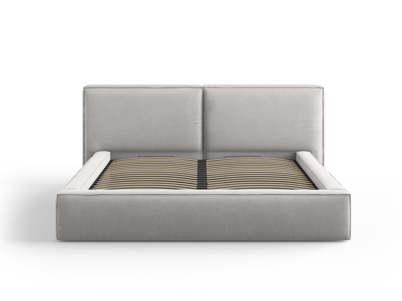 Elegantes Jodie Bett in Light Grey mit praktischem Stauraum und doppeltem Headboard, ideal für stilvolle Schlafzimmer.
