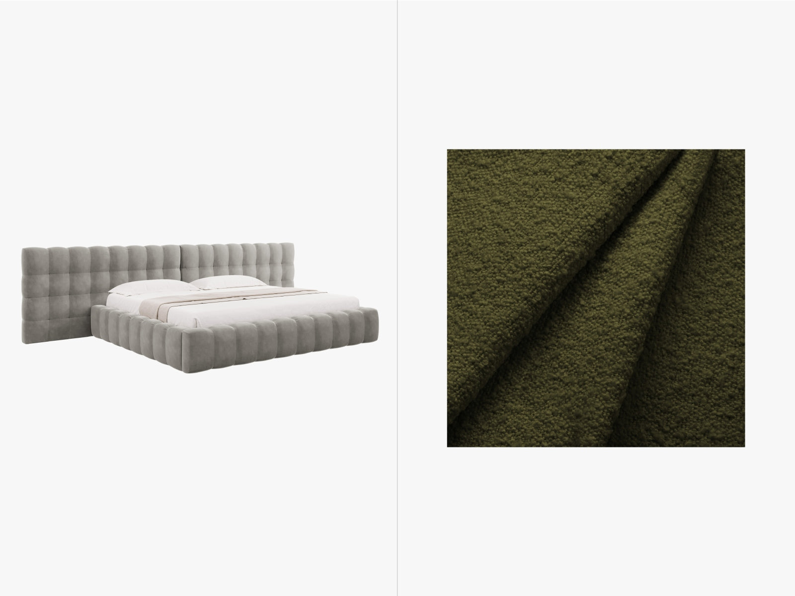 Mamaia Boucle Bett mit Strauaum und doppeltem Headboard 350cm in Dark Olive Green/Schwarz präsentiert im Onlineshop von KAQTU Design AG. Bett ist von Micadoni