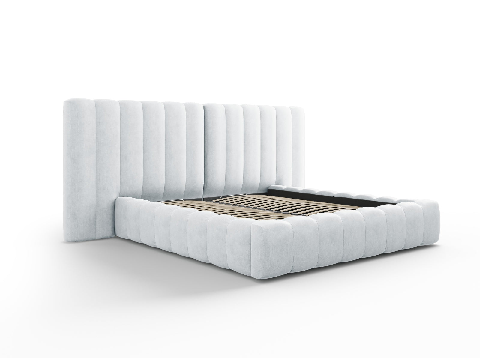 Erleben Sie das Kelp Bett von Micadoni: modernes Design, cleverer Stauraum und ein luxuriöses doppeltes Headboard für höchsten Schlafkomfort.