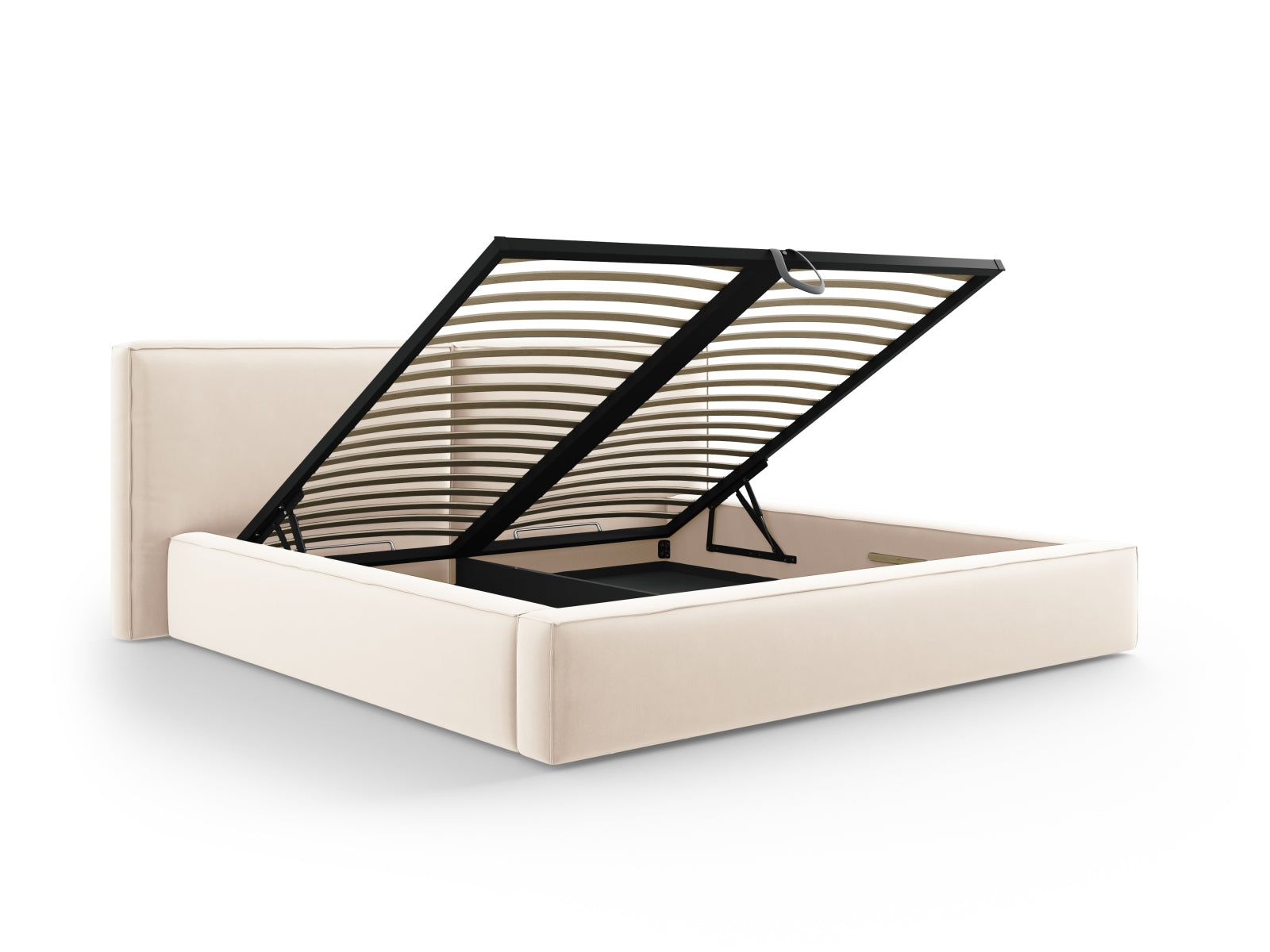 Erleben Sie das Jodie Velour Bett von Micadoni: Stilvolles Design, doppeltes Headboard und cleverer Stauraum für ein aufgeräumtes Schlafzimmer.