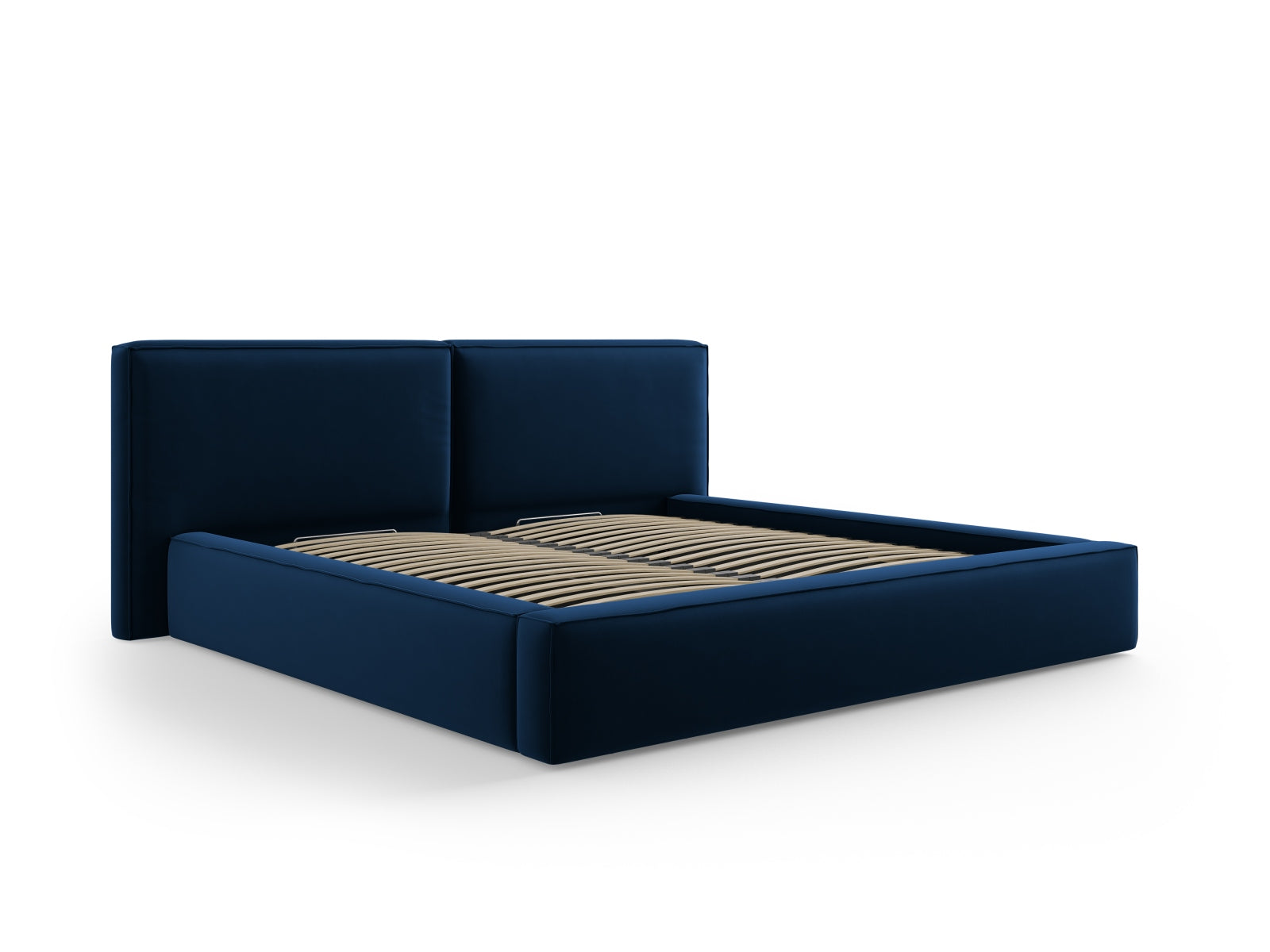 Luxuriöses Jodie Velour Bett in Royal Blue, ausgestattet mit Stauraum und doppeltem Kopfteil für ein modernes Schlafzimmerdesign.