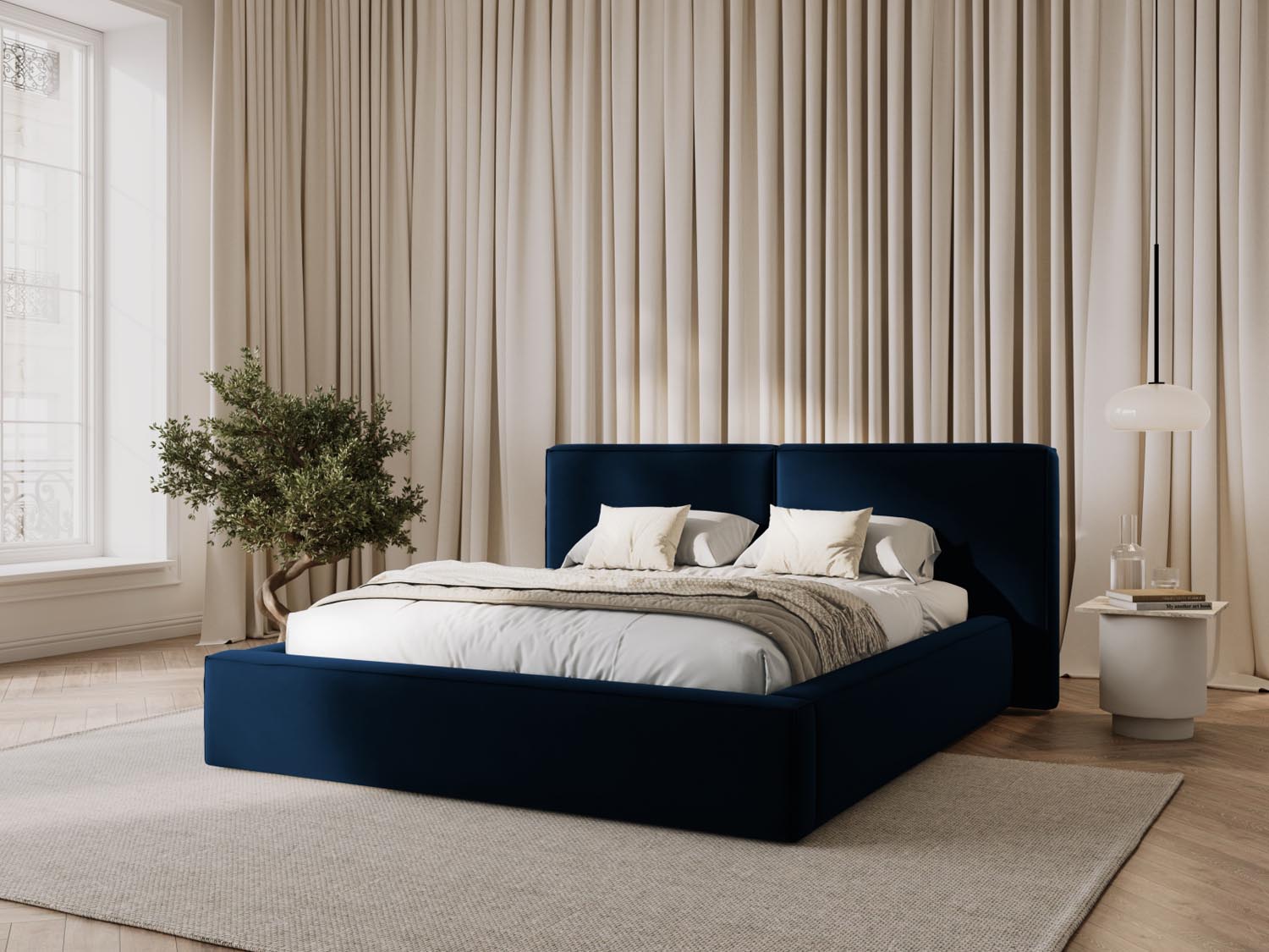 Entdecken Sie das stilvolle Jodie Velour Bett von Micadoni mit praktischem Stauraum und elegantem doppeltem Headboard – ideal für Ihr Schlafzimmer!