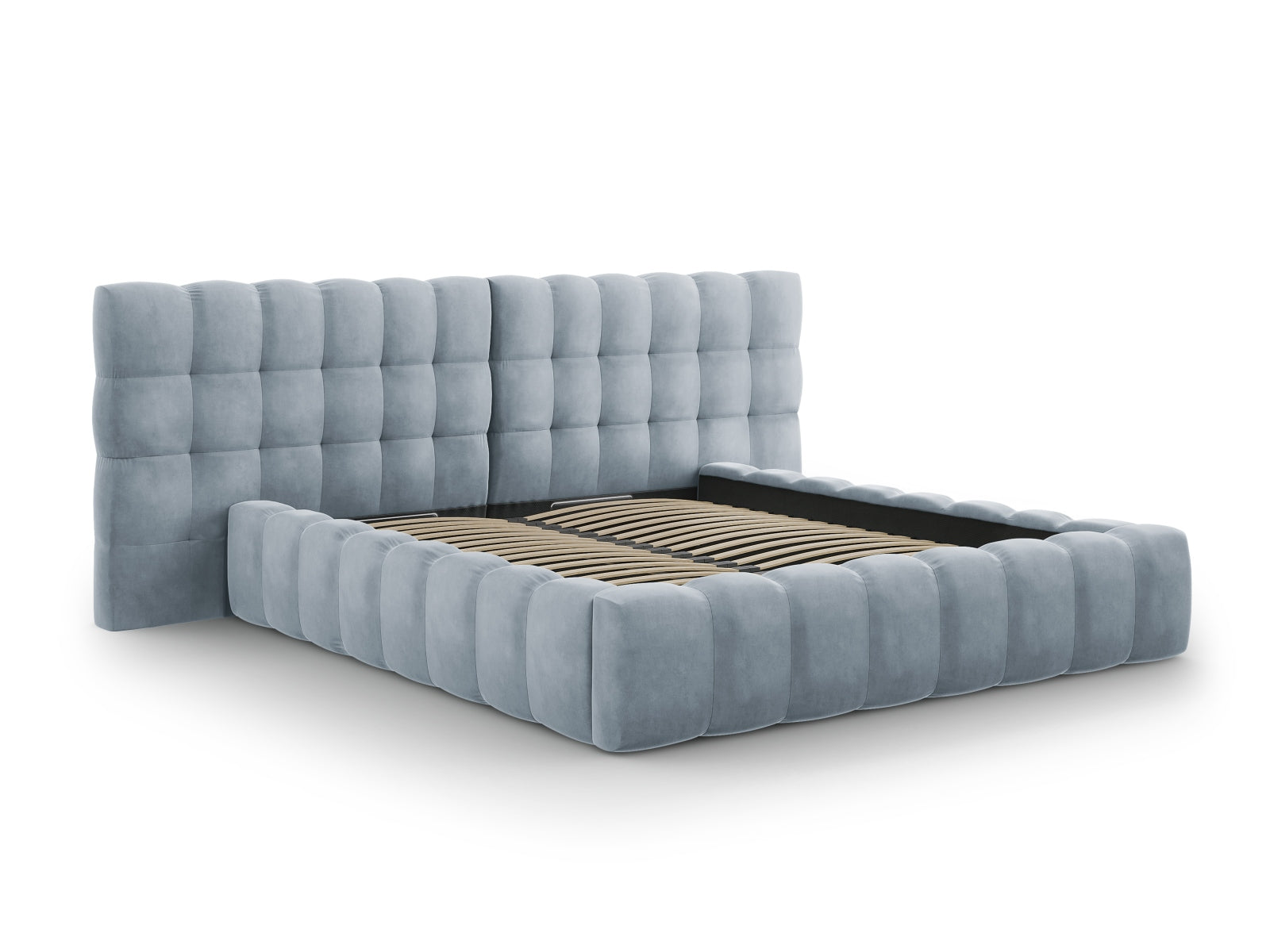 Stilvolles Mamaia Velour Bett in zartem Hellblau, ausgestattet mit praktischem Stauraum und einem doppelten Kopfteil für zusätzlichen Komfort.
