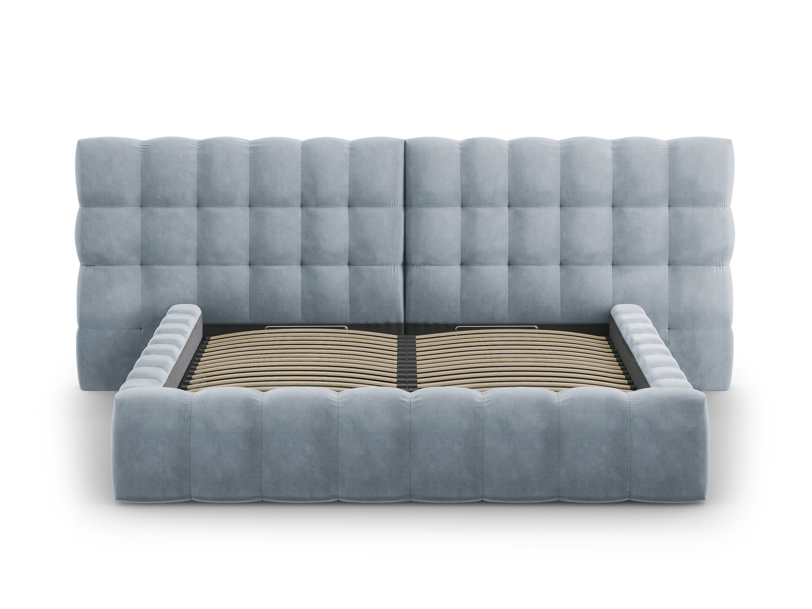 Elegantes Mamaia Velour Bett in sanftem Hellblau, bietet großzügigen Stauraum und ein komfortables, doppeltes Kopfteil für stilvolle Schlafzimmer.