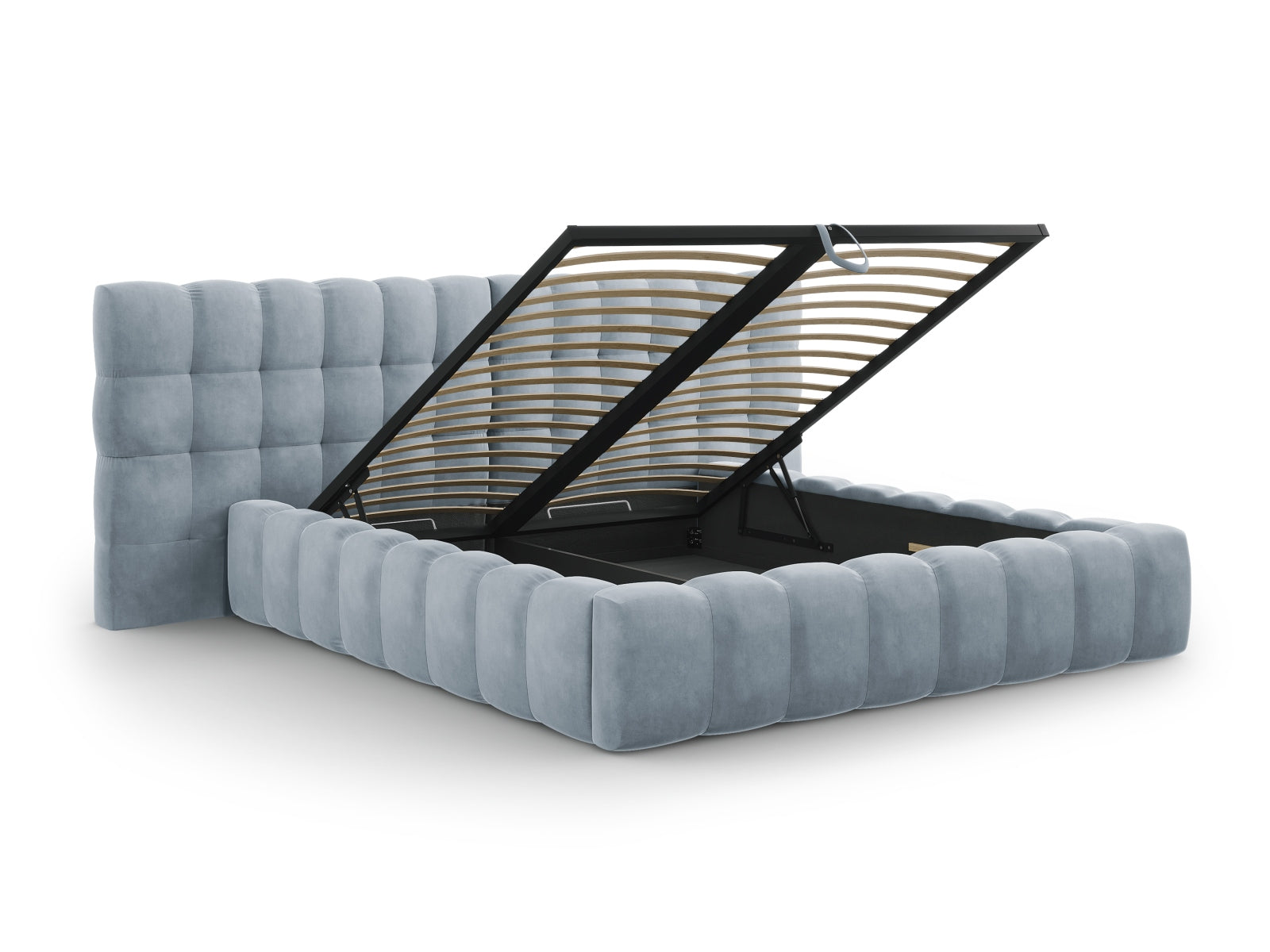 Stilvolles Mamaia Velour Bett in zartem Hellblau, ausgestattet mit praktischem Stauraum und einem eleganten, doppelten Kopfteil für modernen Komfort.