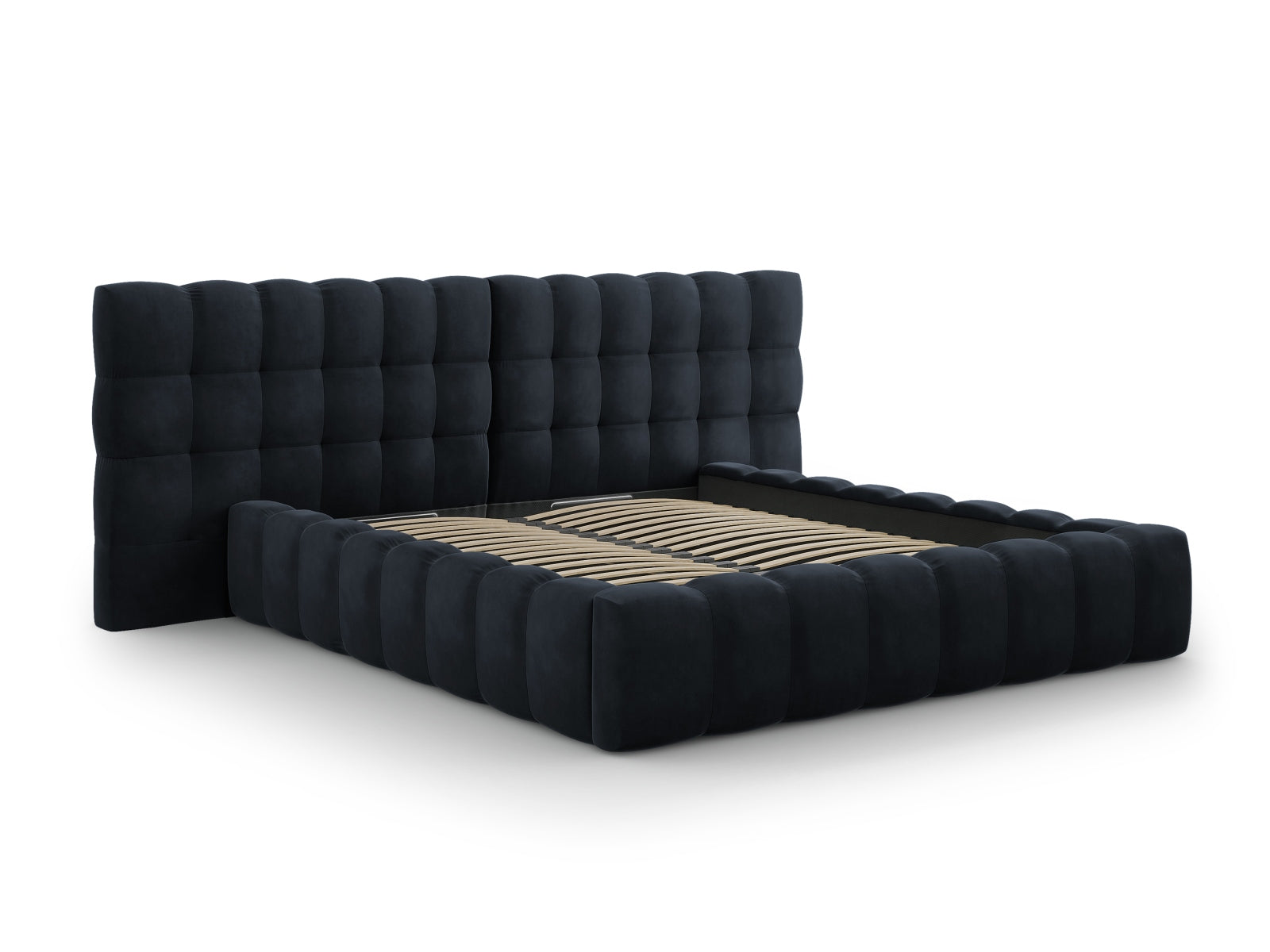 Luxuriöses Mamaia Velour Bett in tiefem Blau, ausgestattet mit praktischem Stauraum und einem doppelten Kopfteil für maximalen Komfort.