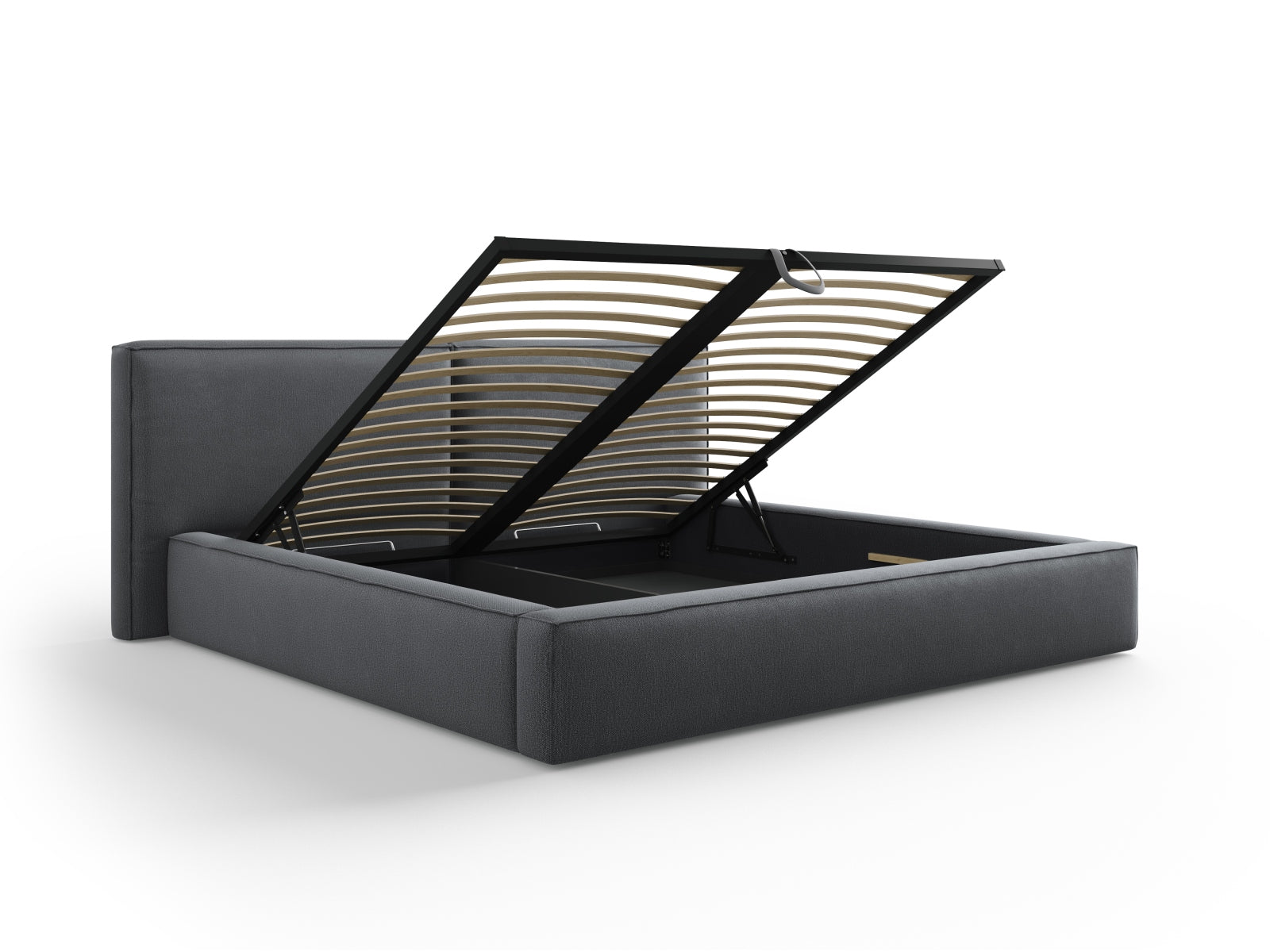 Erleben Sie das Jodie Bett von Micadoni: 254 cm Breite, elegantes doppeltes Headboard und praktischer Stauraum für Ihr Schlafzimmer!