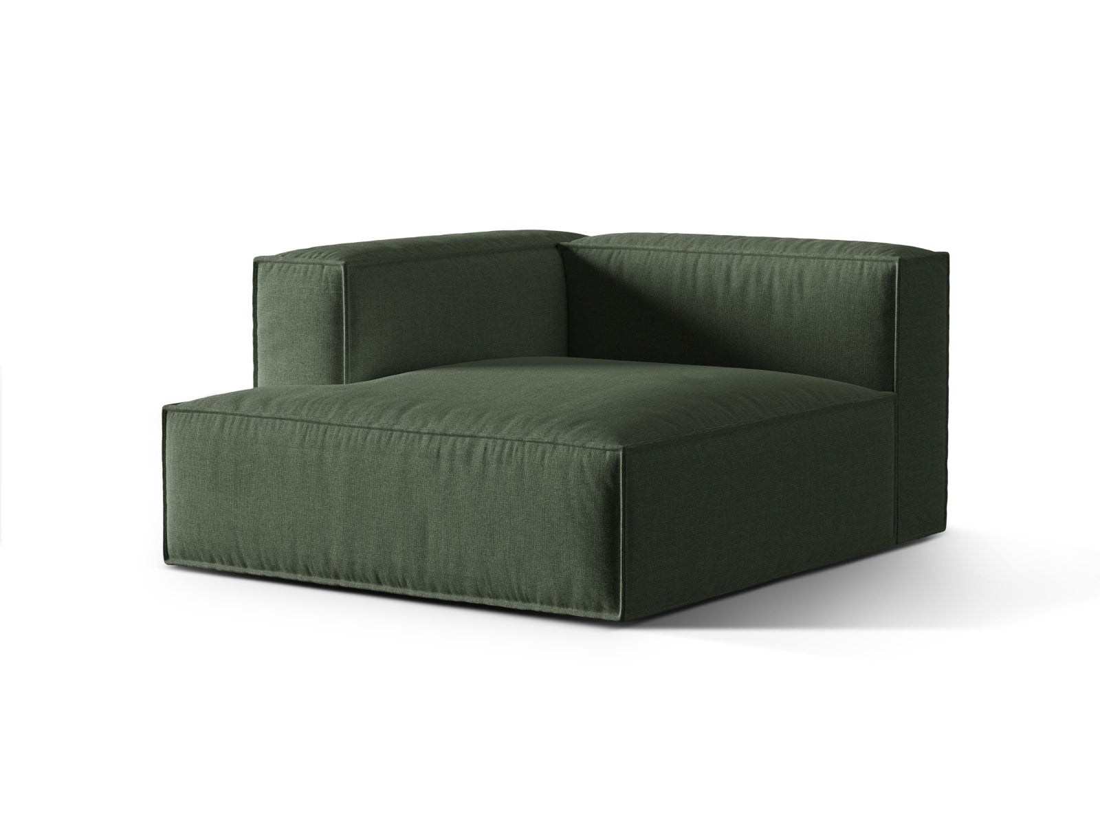 Stylische linke Chaise Longue für eine Person aus der Nuria-Serie in Moosgrün, perfekt für moderne Wohnkonzepte und gemütliche Momente.