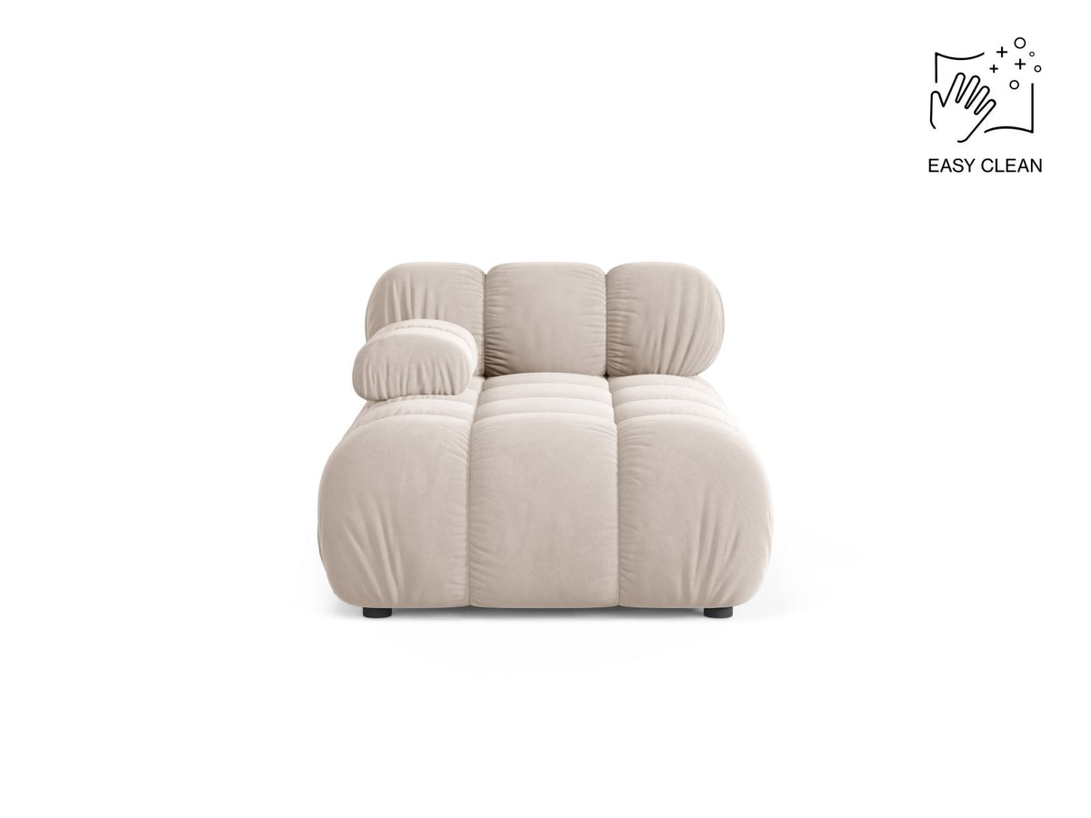 Bellis Sofamodul Chaiselongue links von Micadoni: Cappuccino-Liberty Stoffbezug, Massivholzrahmen, schwarze Kunststoffbeine, modulare Sitzform.
