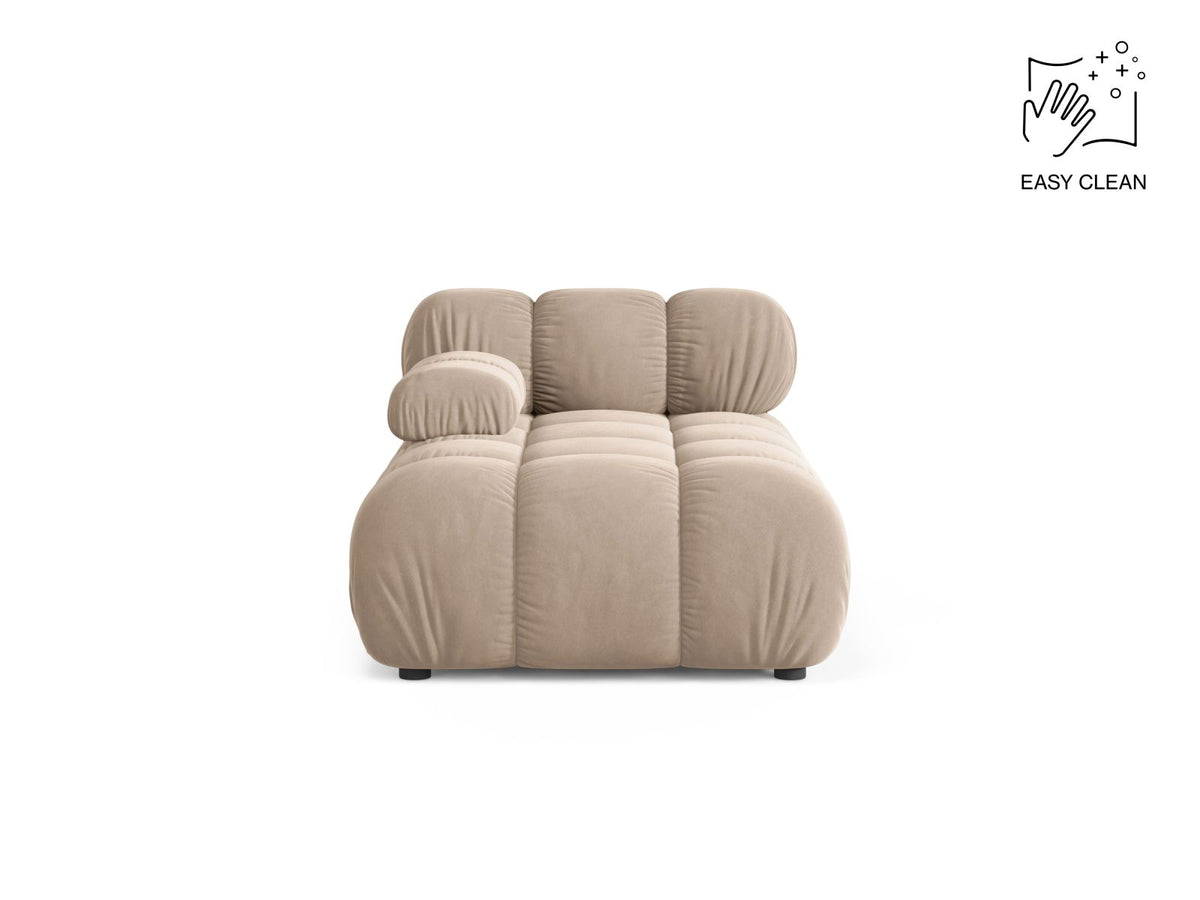 Bellis Sofamodul Chaiselongue links von Micadoni: Cappuccino-Liberty Stoffbezug, Massivholzrahmen, schwarze Kunststoffbeine, modulare Sitzform.