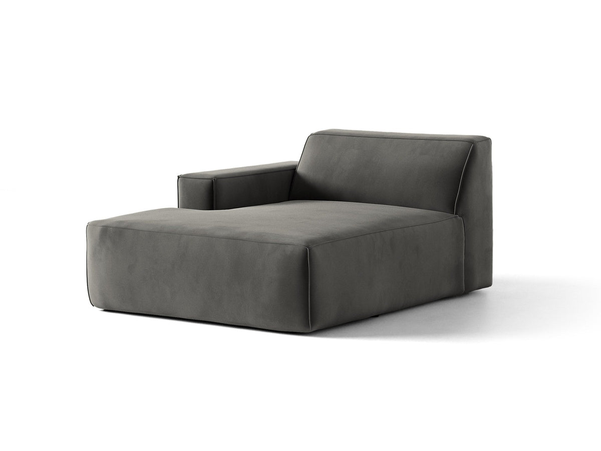 Jodie Chaiselongue von Micadoni in leichtem Beige, Venus-Samtstoff-Bezug, schwarze Kunststoffbeine, modulares Sofa-Element mit linker Ausrichtung.