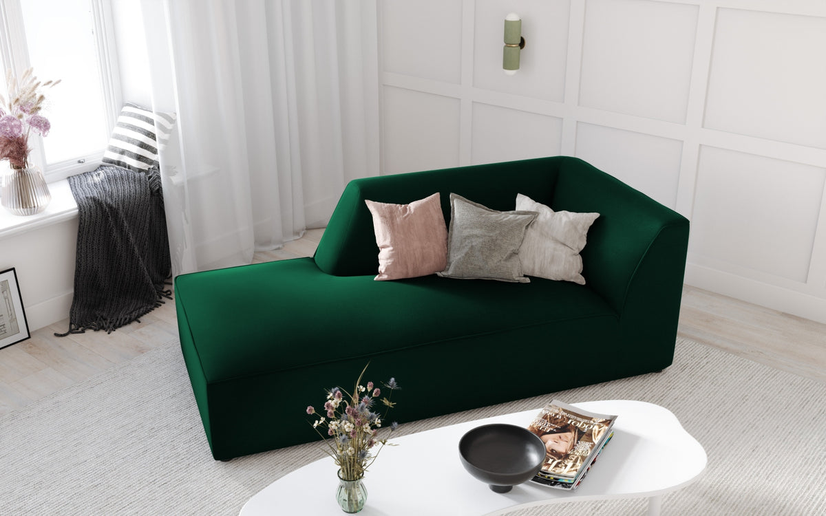 Ruby Velour Sofa Chaise Lounge links 1 Sitz in Bottle Green-Salvador präsentiert im Onlineshop von KAQTU Design AG. L-Sofa links ist von Micadoni