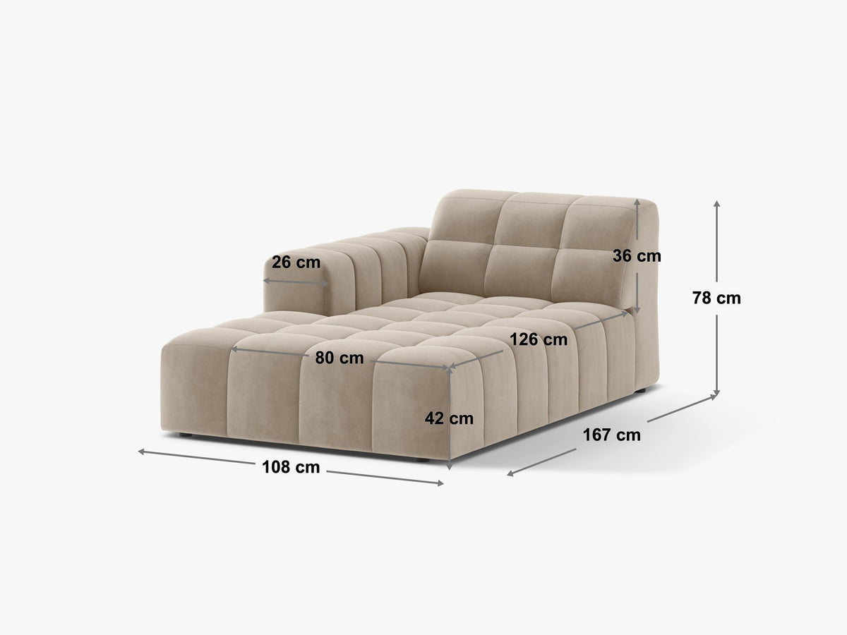 Chaiselongue Jennifer von Micadoni in Beige, Bezug aus Chenille-Stoff Eden, schwarze Kunststoffbeine, linksseitige Ausrichtung, modulares Sofaelement.