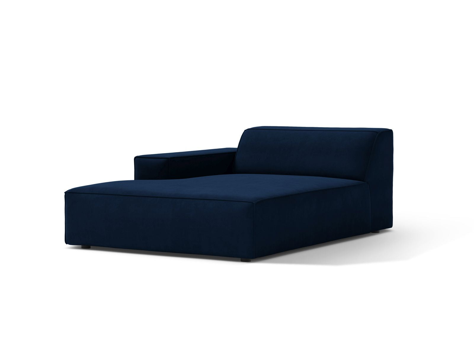 Elegante 1-Sitzer Chaise Longue Links Jodie in Royal Blue-Bluvel, ideal für stilvolle Wohnräume und vielseitige Sofa-Kombinationen.
