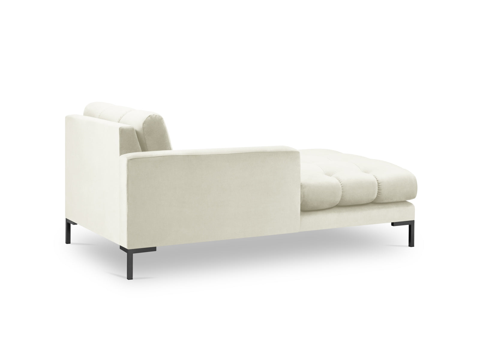 Stilvolles Mamaia Velour Sofa Chaise Lounge links in sanften Beige- und Schwarz-Bluvel-Tönen, perfekt für zeitgemäße Inneneinrichtungen.