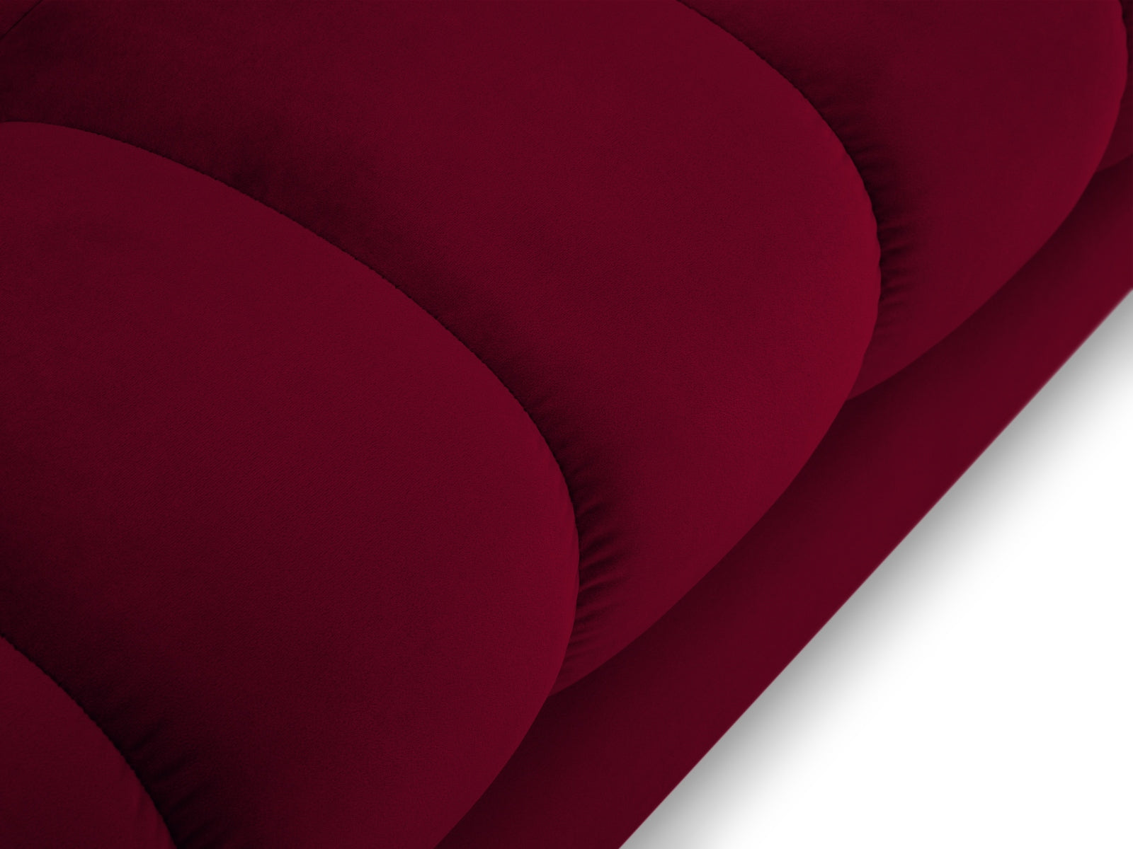 Elegantes Mamaia Velour Sofa Chaise Lounge links in luxuriösem Rot und Schwarz, ideal für stilvolle Wohnräume und gemütliche Stunden.