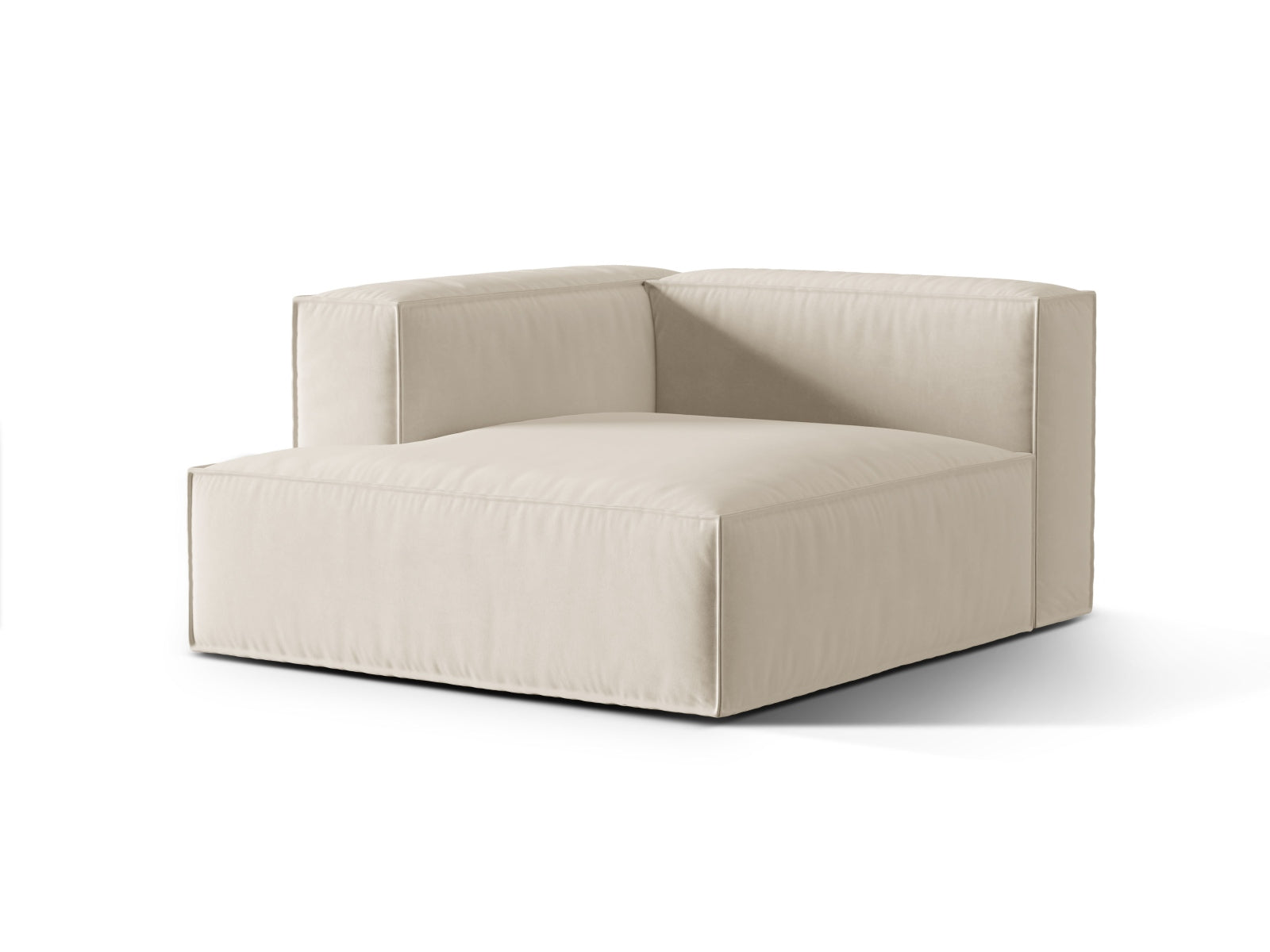 Elegante Nuria Velour Chaise Longue links in sanftem Beige, ideal für stilvolle Wohnräume. Modulares Sofa von Micadoni.
