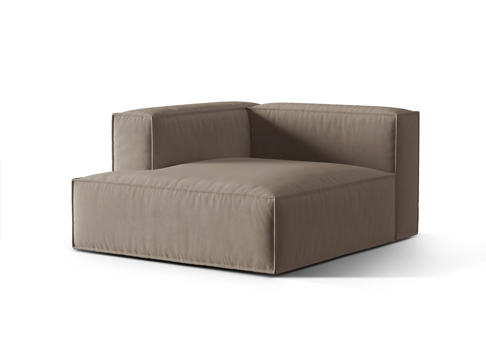 Elegante Nuria Velour Chaise Longue links 1 Sitzer in warmem Grau, ideal für stilvolle Wohnräume und vielseitige Sofa-Kombinationen.