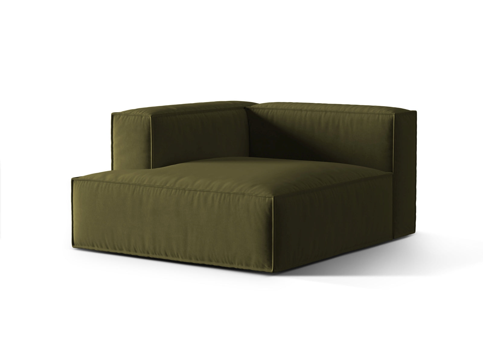 Elegante Nuria Velour Chaise Longue links in Moss Green Melange, ideal für stilvolle Wohnräume. Modulares Sofa von Micadoni.