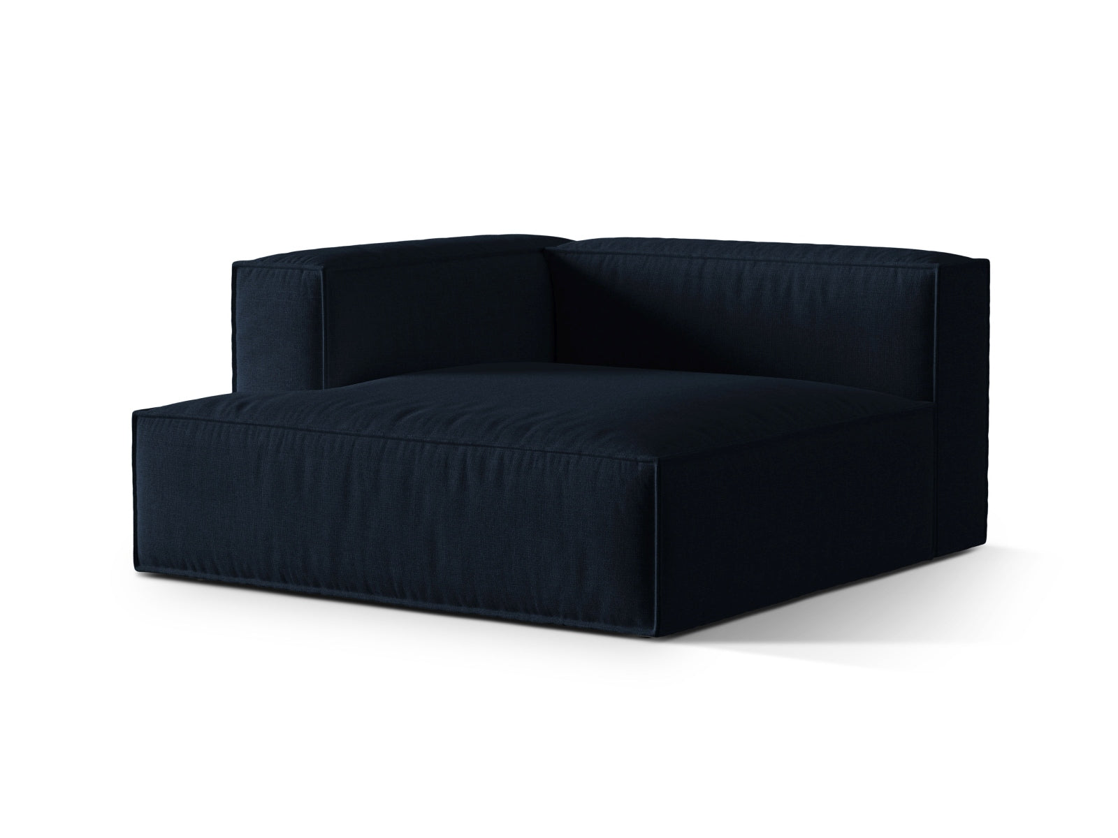 Moderne Nuria Velour Chaise Longue links in tiefem Blau, perfekt für gemütliche Leseecken und stilvolle Einrichtungskonzepte.