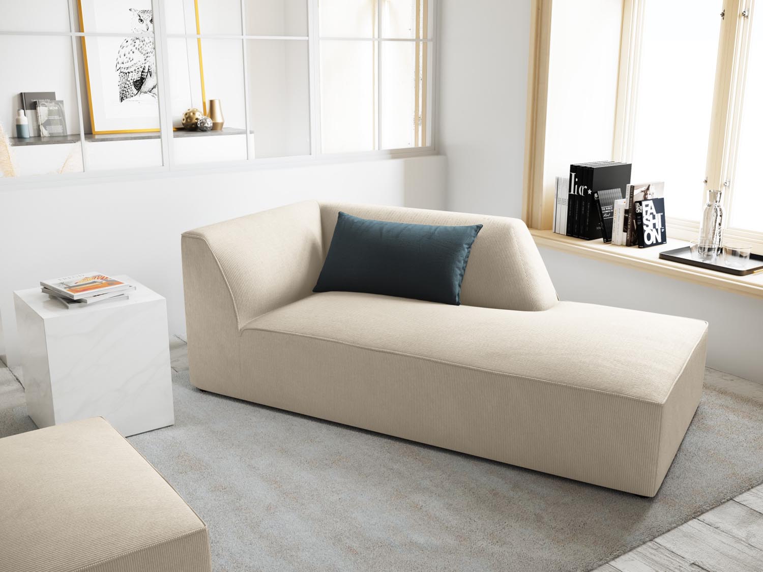 Elegantes Ruby Sofa Chaise Lounge in hellem Beige, ideal für stilvolle Wohnräume. Rechtsseitige Sitzgelegenheit von Micadoni.