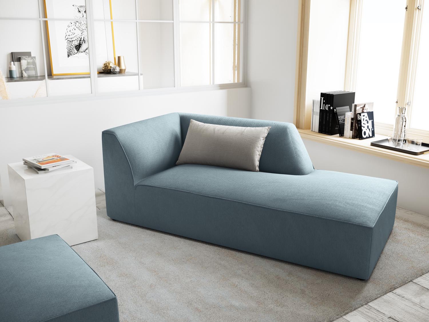 Elegantes Ruby Sofa Chaise Lounge in sanftem Hellblau, ideal für stilvolle Wohnräume. Perfekt als L-Sofa rechts von Micadoni.
