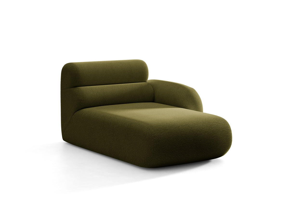 Modulares Sofa Neo Chaiselongue von Micadoni in dunklem Olivgrün mit strukturiertem Stoff und schwarzen Kunststoffbeinen, rechts ausgerichtet.