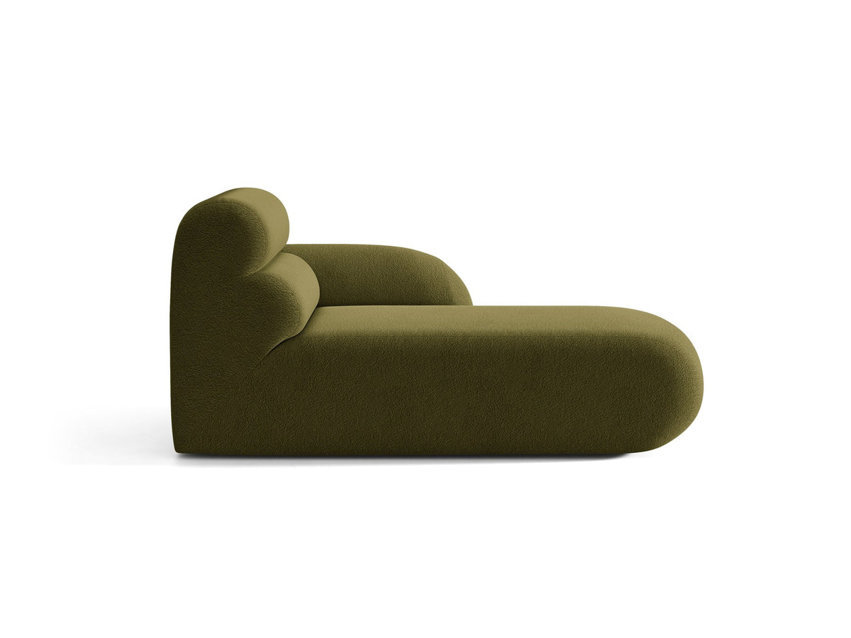 Modulares Sofa Neo Chaiselongue von Micadoni in dunklem Olivgrün mit strukturiertem Stoff und schwarzen Kunststoffbeinen, rechts ausgerichtet.
