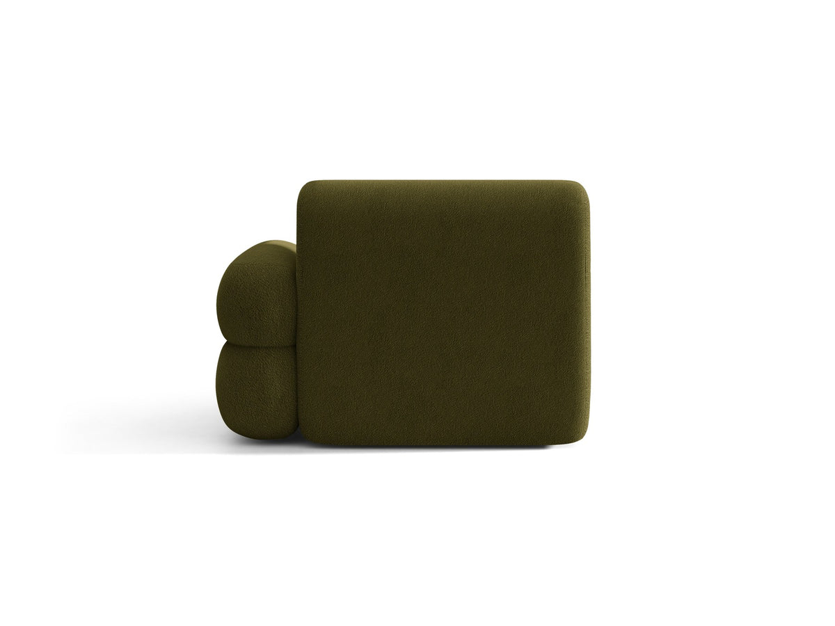 Modulares Sofa Neo Chaiselongue von Micadoni in dunklem Olivgrün mit strukturiertem Stoff und schwarzen Kunststoffbeinen, rechts ausgerichtet.