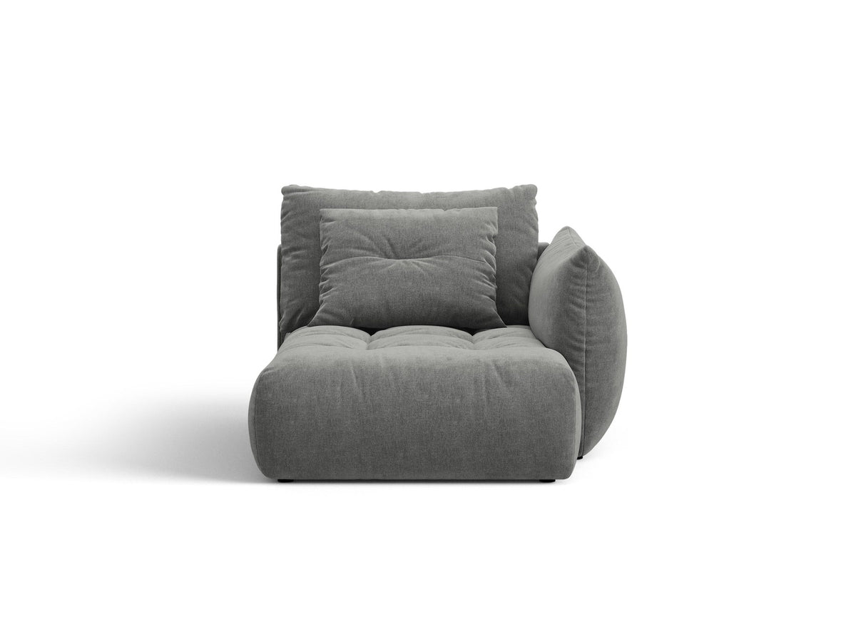 Modulares Sofa Bloom Chaiselongue von Micadoni in leichtem Beige mit Casino-Velours-Bezug, schwarzen Kunststoffbeinen und rechter Ausrichtung.