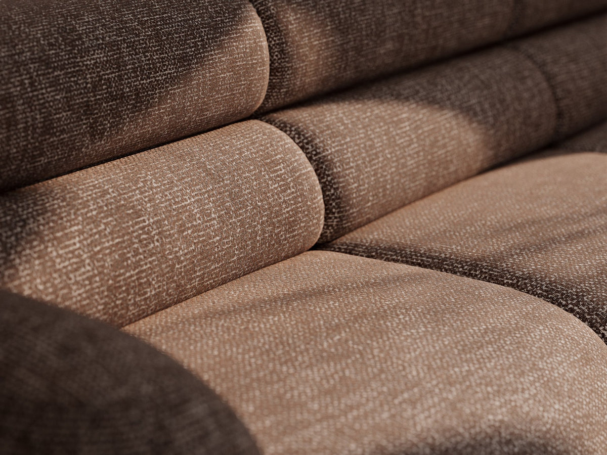 Modulares Sofa Neo Chaiselongue von Micadoni in dunklem Olivgrün mit strukturiertem Stoff und schwarzen Kunststoffbeinen, rechts ausgerichtet.