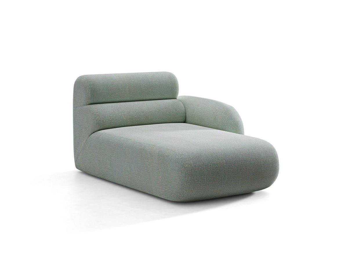 Modulares Sofa Neo Chaiselongue von Micadoni in dunklem Olivgrün mit strukturiertem Stoff und schwarzen Kunststoffbeinen, rechts ausgerichtet.