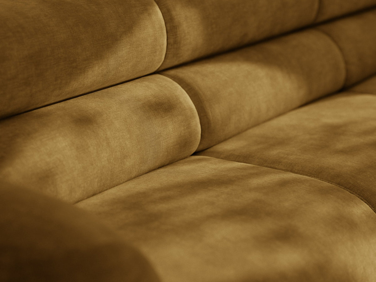 Modulares Sofa Neo Chaiselongue von Micadoni in dunklem Olivgrün mit strukturiertem Stoff und schwarzen Kunststoffbeinen, rechts ausgerichtet.