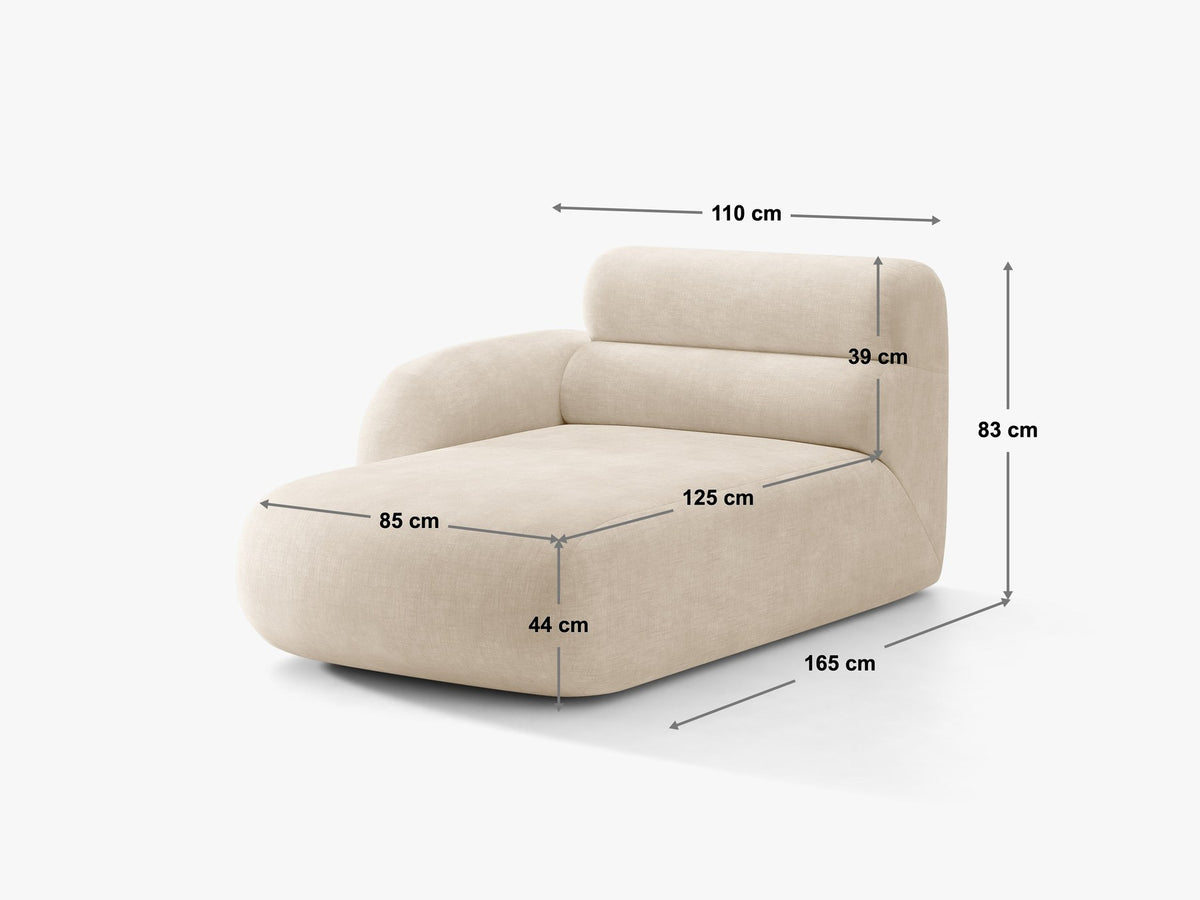 Modulares Sofa Neo Chaiselongue von Micadoni in dunklem Olivgrün mit strukturiertem Stoff und schwarzen Kunststoffbeinen, rechts ausgerichtet.