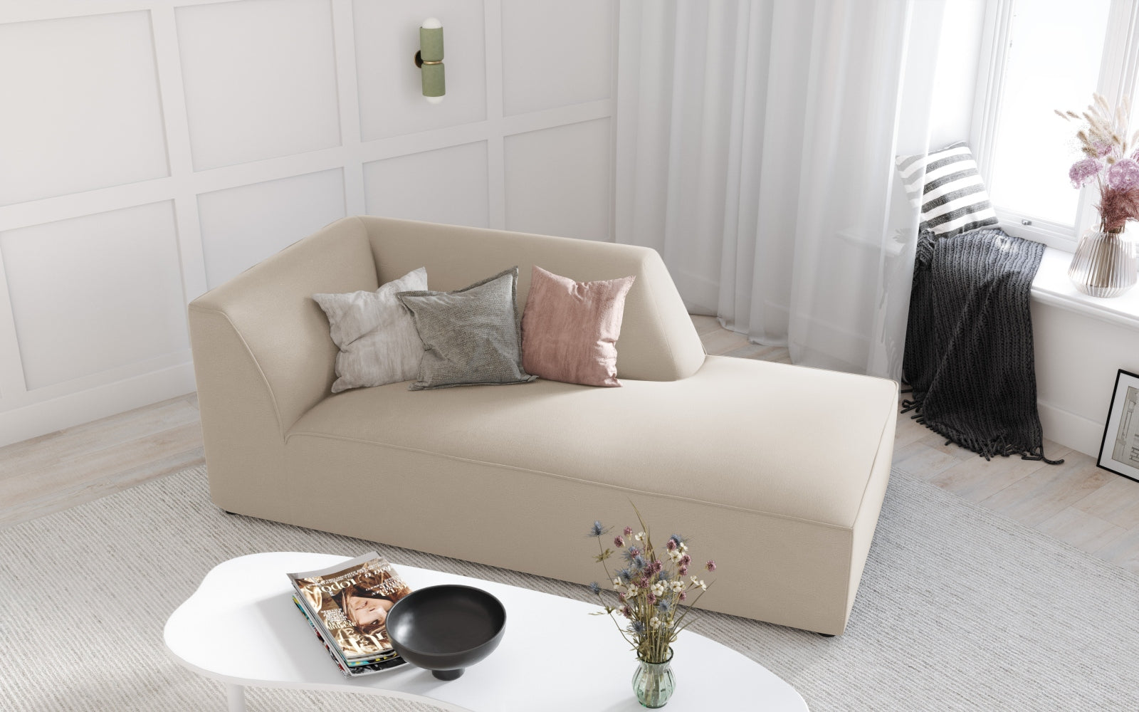 Ruby Velour Sofa Chaise Lounge rechts 1 Sitz in Beige-Salvador präsentiert im Onlineshop von KAQTU Design AG. L-Sofa rechts ist von Micadoni