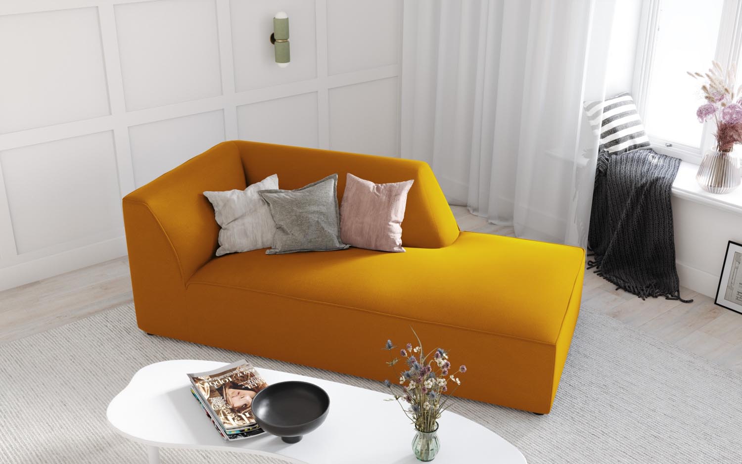 Ruby Velour Sofa Chaise Lounge rechts 1 Sitz in Yellow-Salvador präsentiert im Onlineshop von KAQTU Design AG. L-Sofa rechts ist von Micadoni