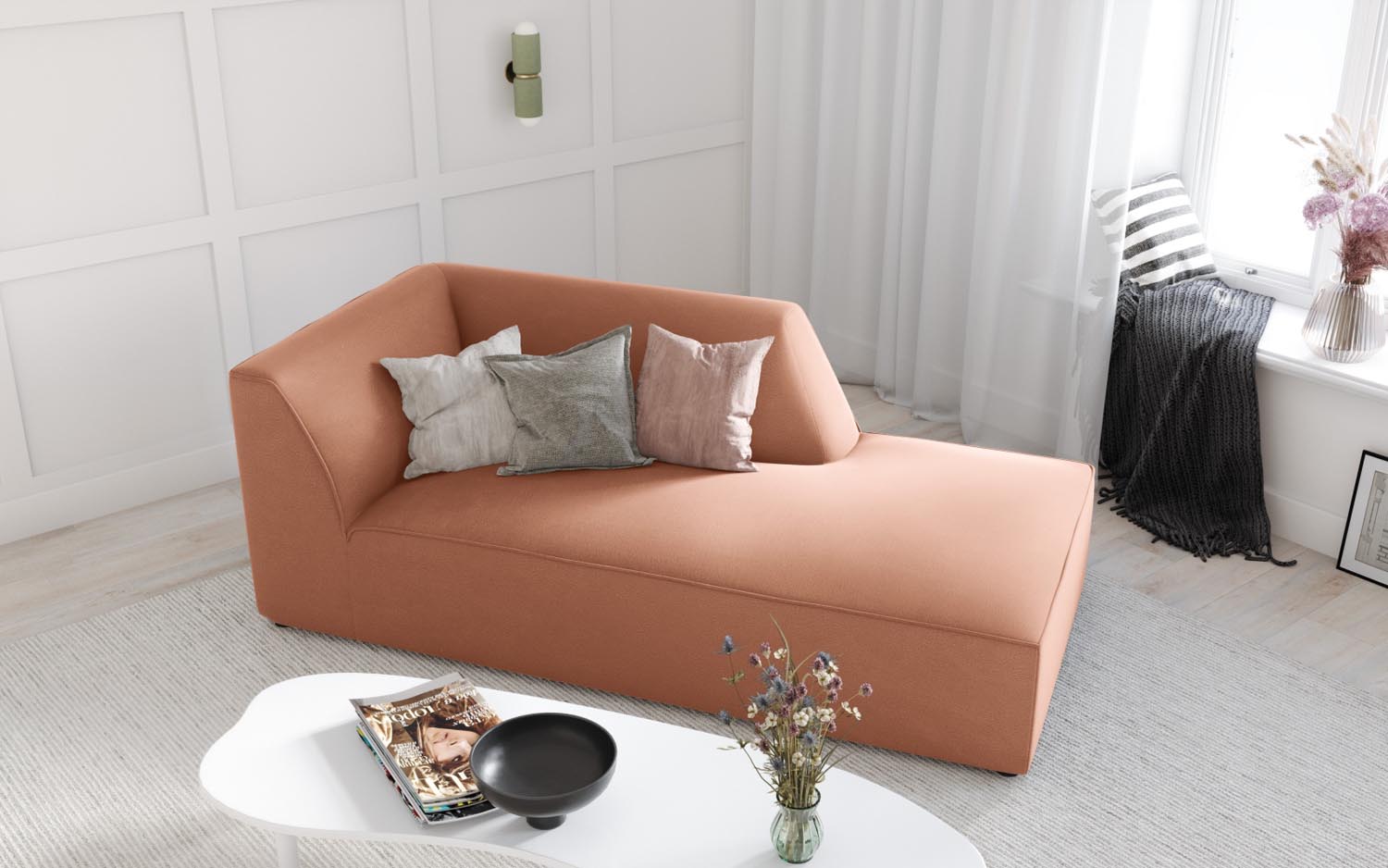 Elegantes Ruby Velour Sofa Chaise Lounge in sanftem Pink, ideal für stilvolle Wohnräume, präsentiert von Micadoni.