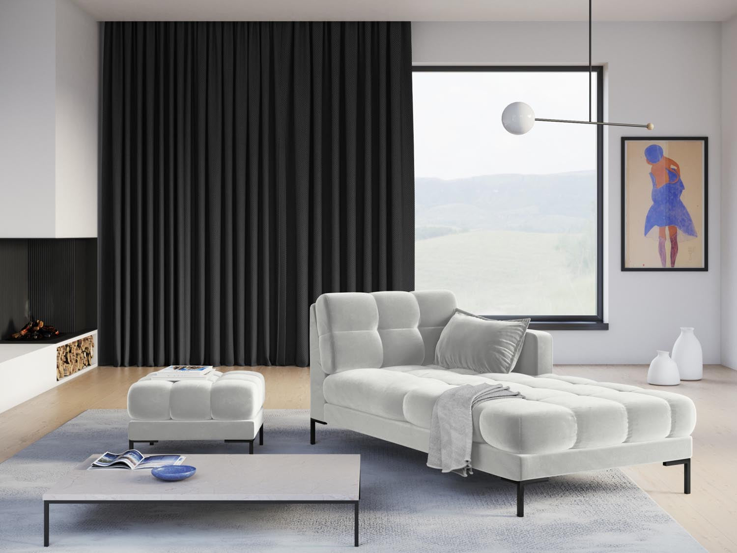 Elegantes Mamaia Velour Sofa Chaise Lounge in Silber und Schwarz, ideal für stilvolle Wohnräume. Komfort und Design vereint.