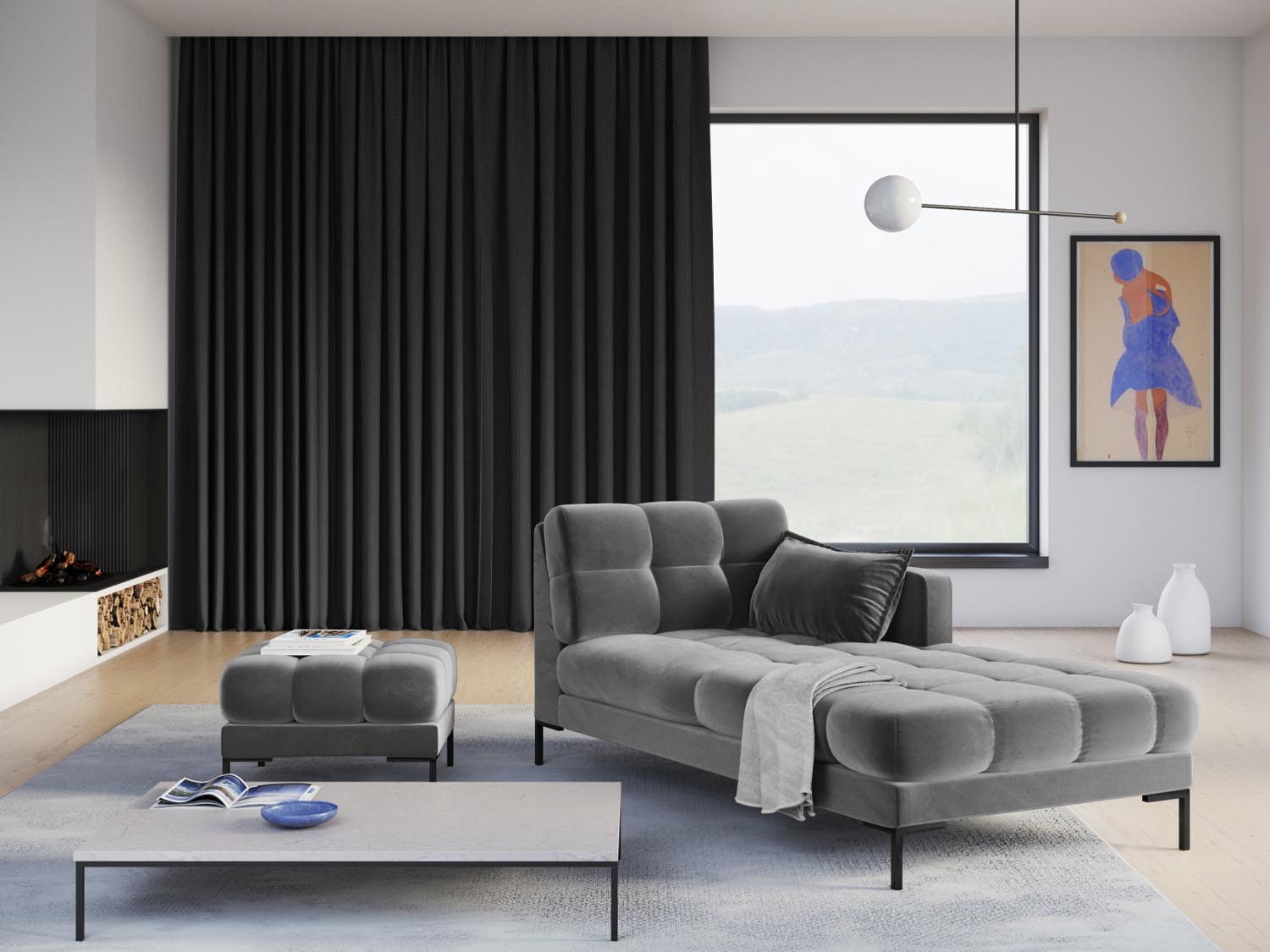 Elegantes Mamaia Velour Sofa Chaise Lounge in Hellgrau und Schwarz-Bluvel, ideal für stilvolle Wohnräume, präsentiert von KAQTU Design AG.