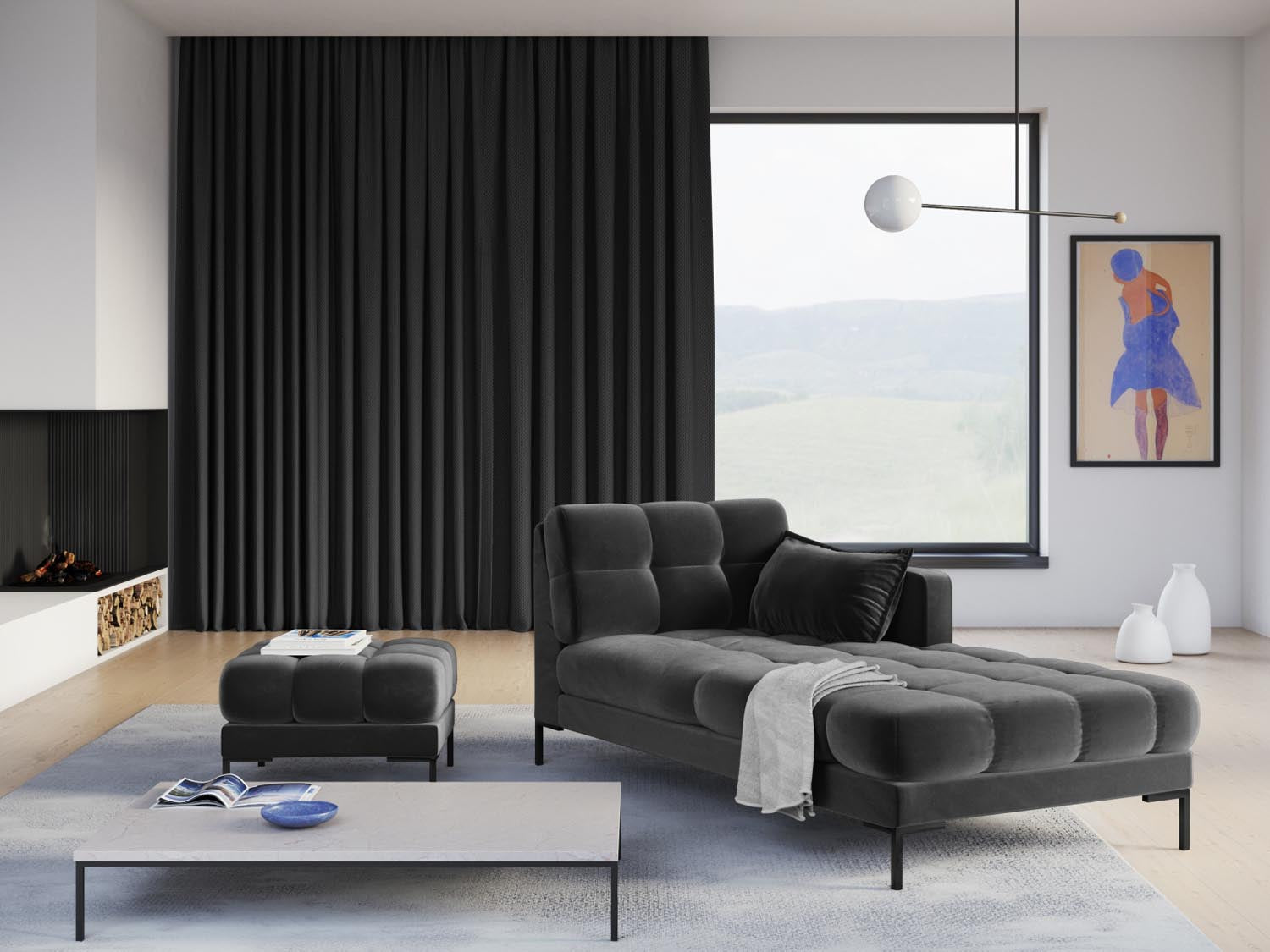 Elegantes Mamaia Velour Sofa Chaise Lounge in Dunkelgrau, ideal für stilvolle Wohnräume. Komfortabler 1-Sitzer von Micadoni.