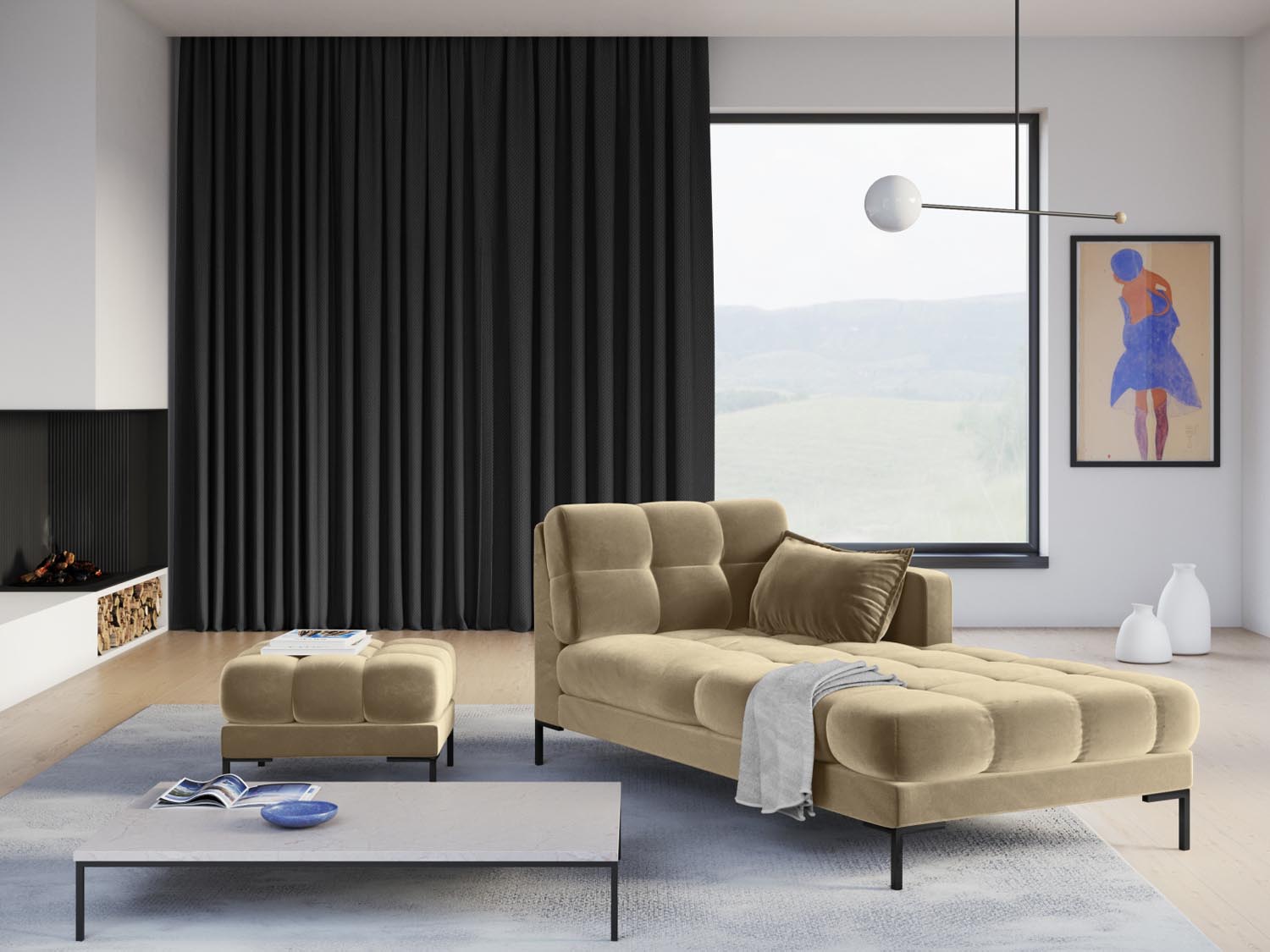 Elegantes Mamaia Velour Sofa Chaise Lounge in Beige und Schwarz, ideal für stilvolle Wohnräume. Komfort und Design vereint.