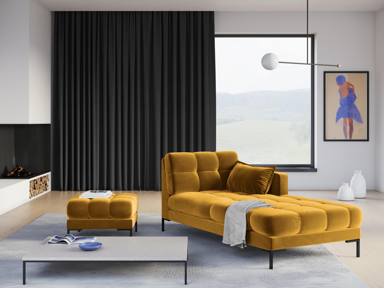 Elegantes Mamaia Velour Sofa Chaise Lounge in Gelb und Schwarz, ideal für stilvolle Wohnräume. Komfort und Design vereint.