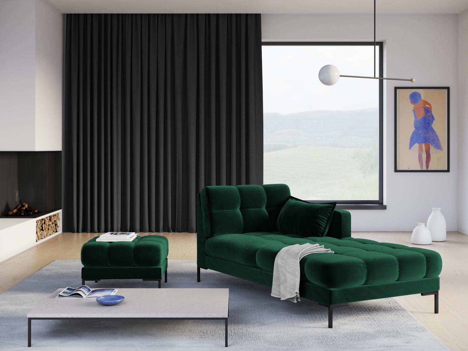 Elegantes Mamaia Velour Sofa Chaise Lounge in Flaschengrün mit schwarzem Bluvel, ideal für stilvolle Wohnräume.