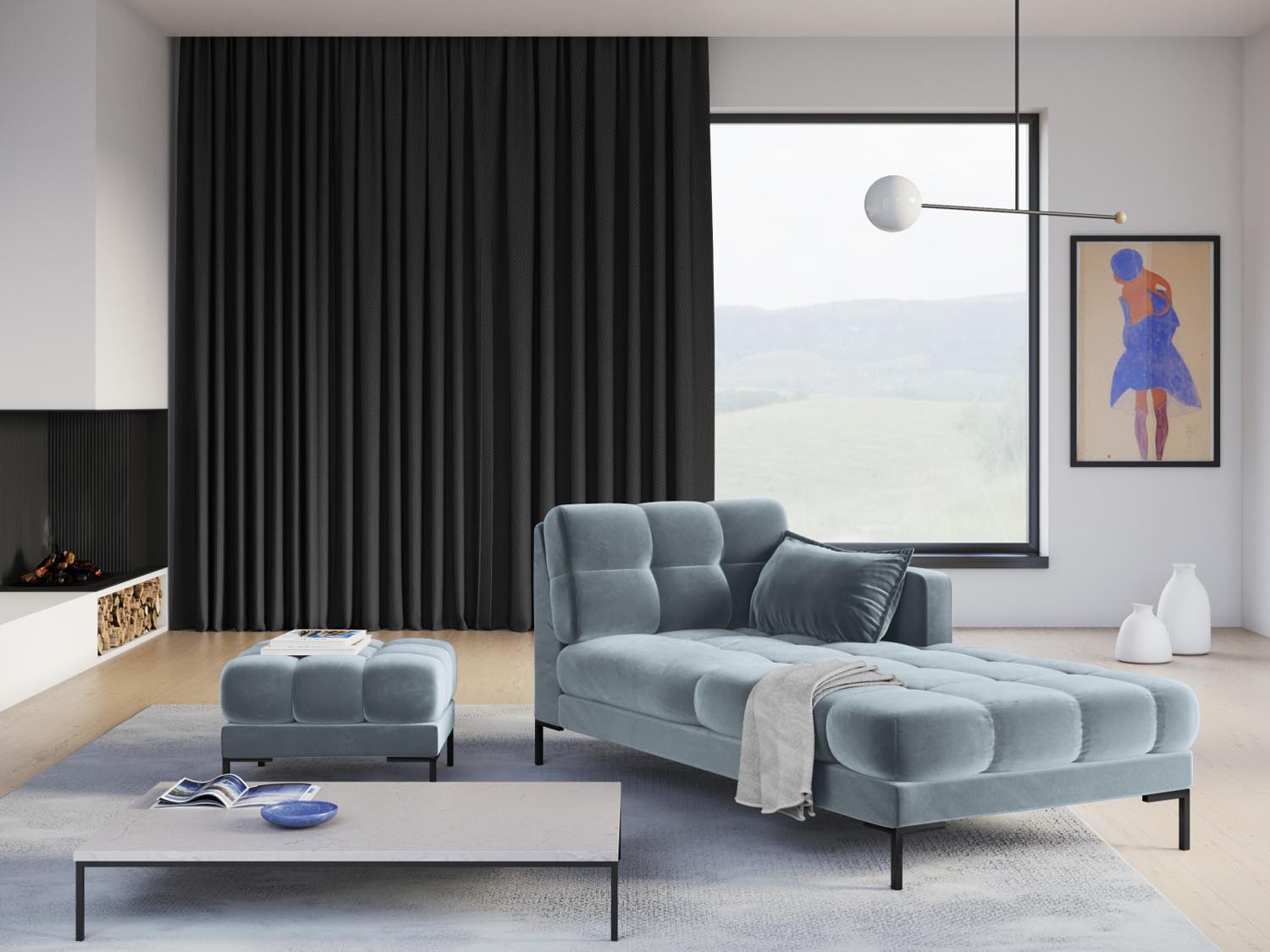 Elegantes Mamaia Velour Sofa Chaise Lounge in sanftem Hellblau mit schwarzem Bezug, ideal für stilvolle Wohnräume.