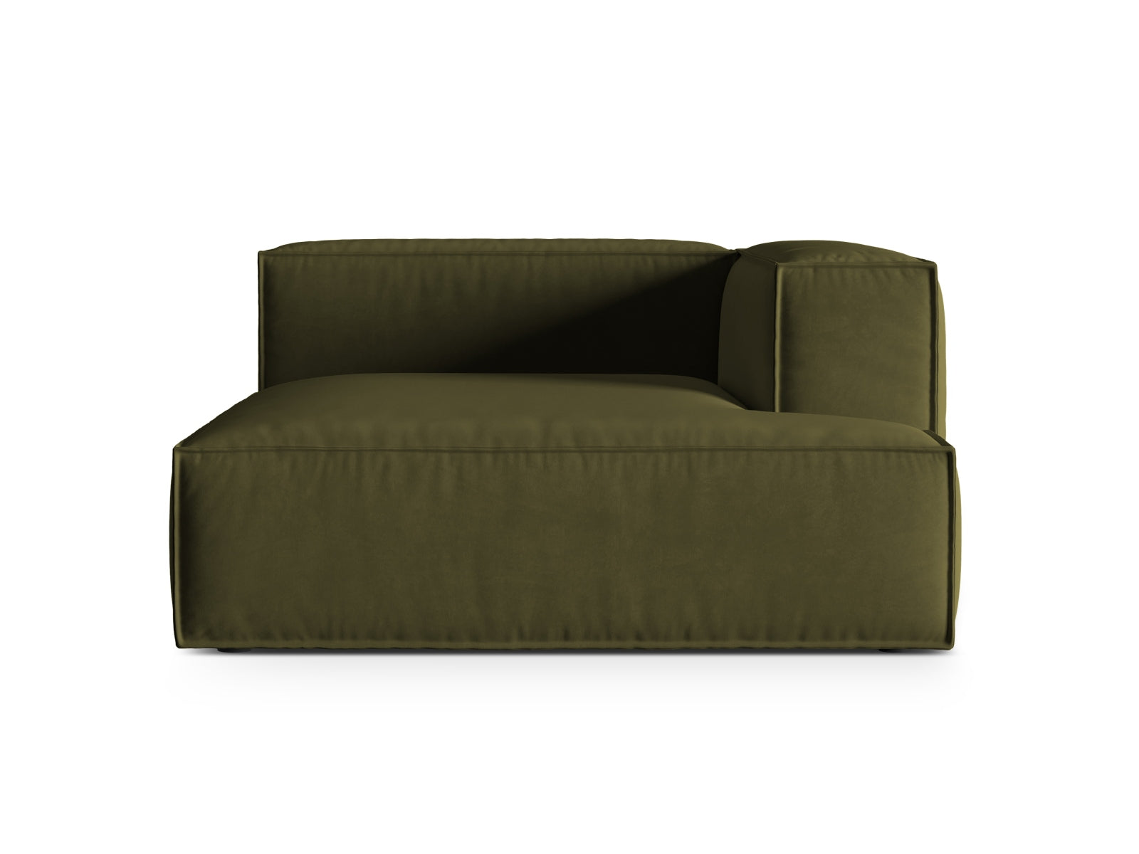 Elegante Nuria Velour Chaise Longue in edlem Moosgrün, ideal für gemütliche Abende und geschmackvolle Wohnräume.
