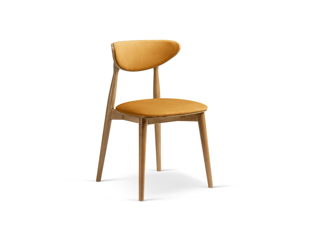Foto des Rina Stuhls von Micadoni mit samtigem Bezug in Mandel Beige, gepolsterter Rückenlehne und Beinen aus amerikanischem Nussbaum.