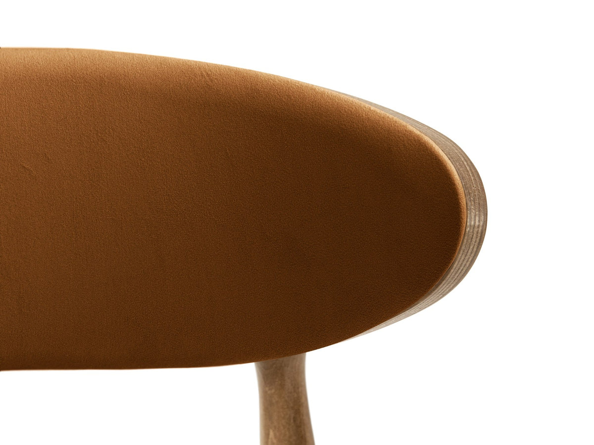 Foto des Rina Stuhls von Micadoni mit samtigem Bezug in Mandel Beige, gepolsterter Rückenlehne und Beinen aus amerikanischem Nussbaum.