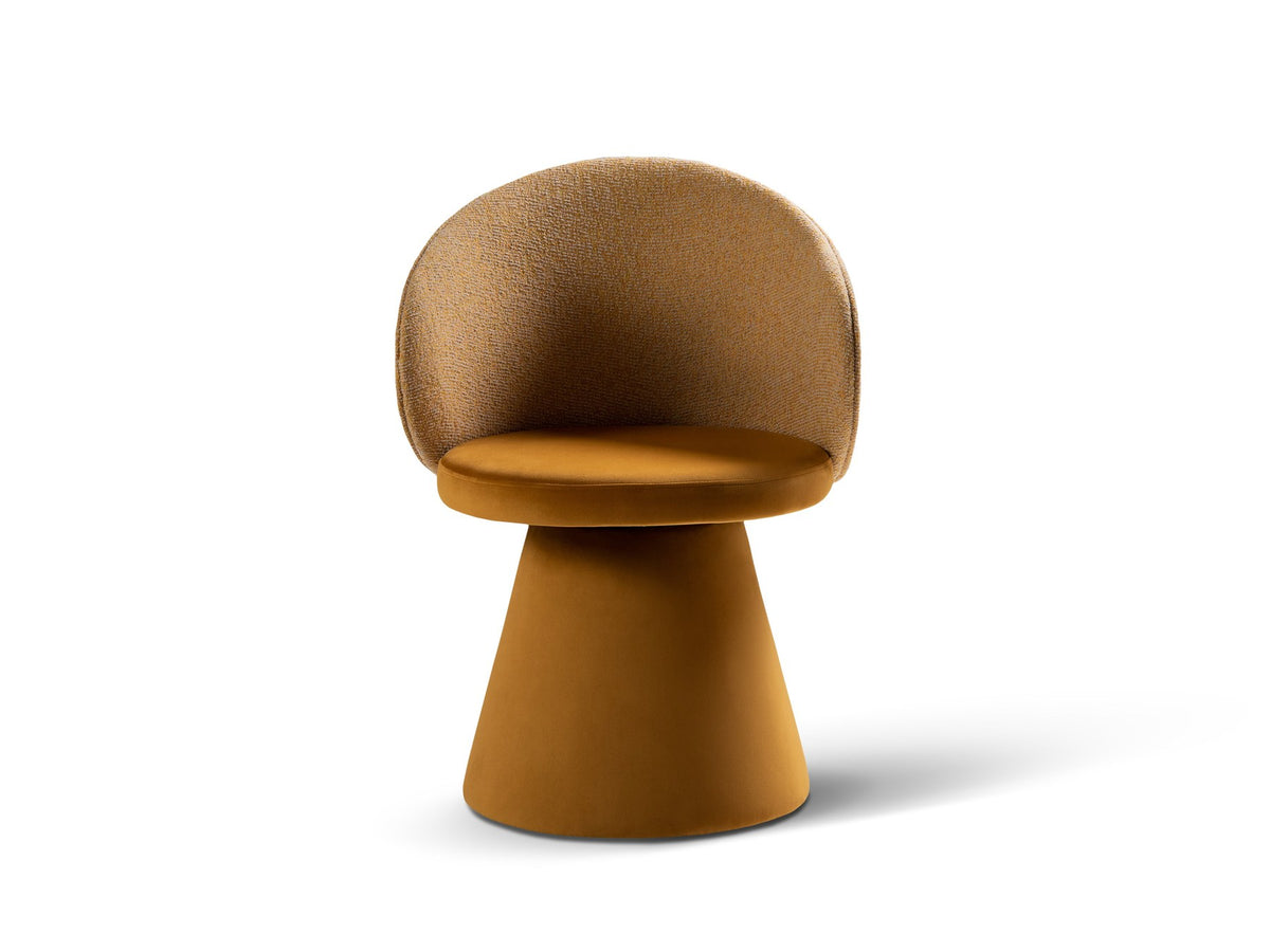 Drehstuhl Inez mit beige meliertem Bezug, Sitzfläche aus Samt, Rückenlehne aus strukturiertem Stoff, Beine aus Samt, geometrische Form.