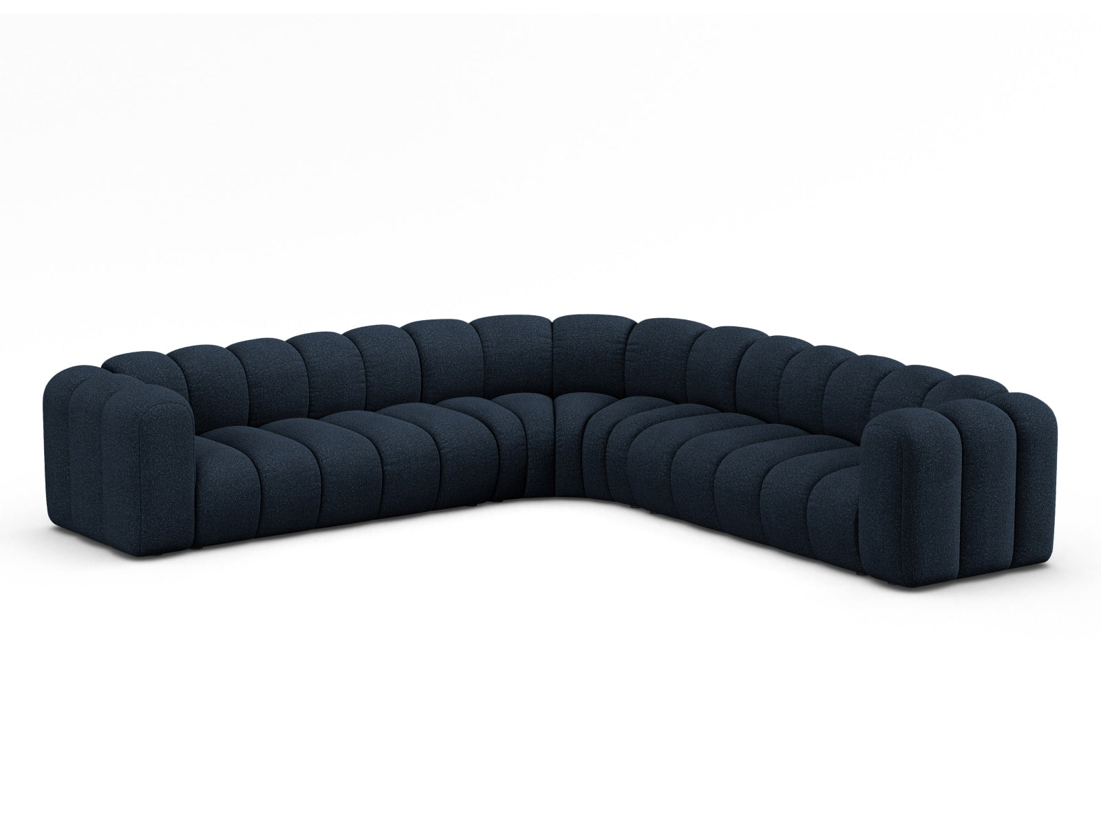 Elegantes, modulares Ecksofa für 6 Personen in Dunkelblau, ideal für stilvolle Wohnräume, präsentiert von Micadoni.